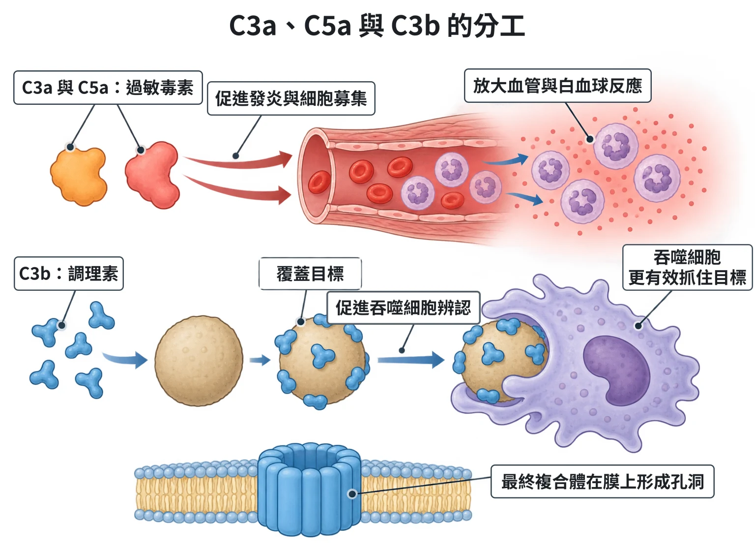 C3a、C5a 與 C3b 的分工教學插圖