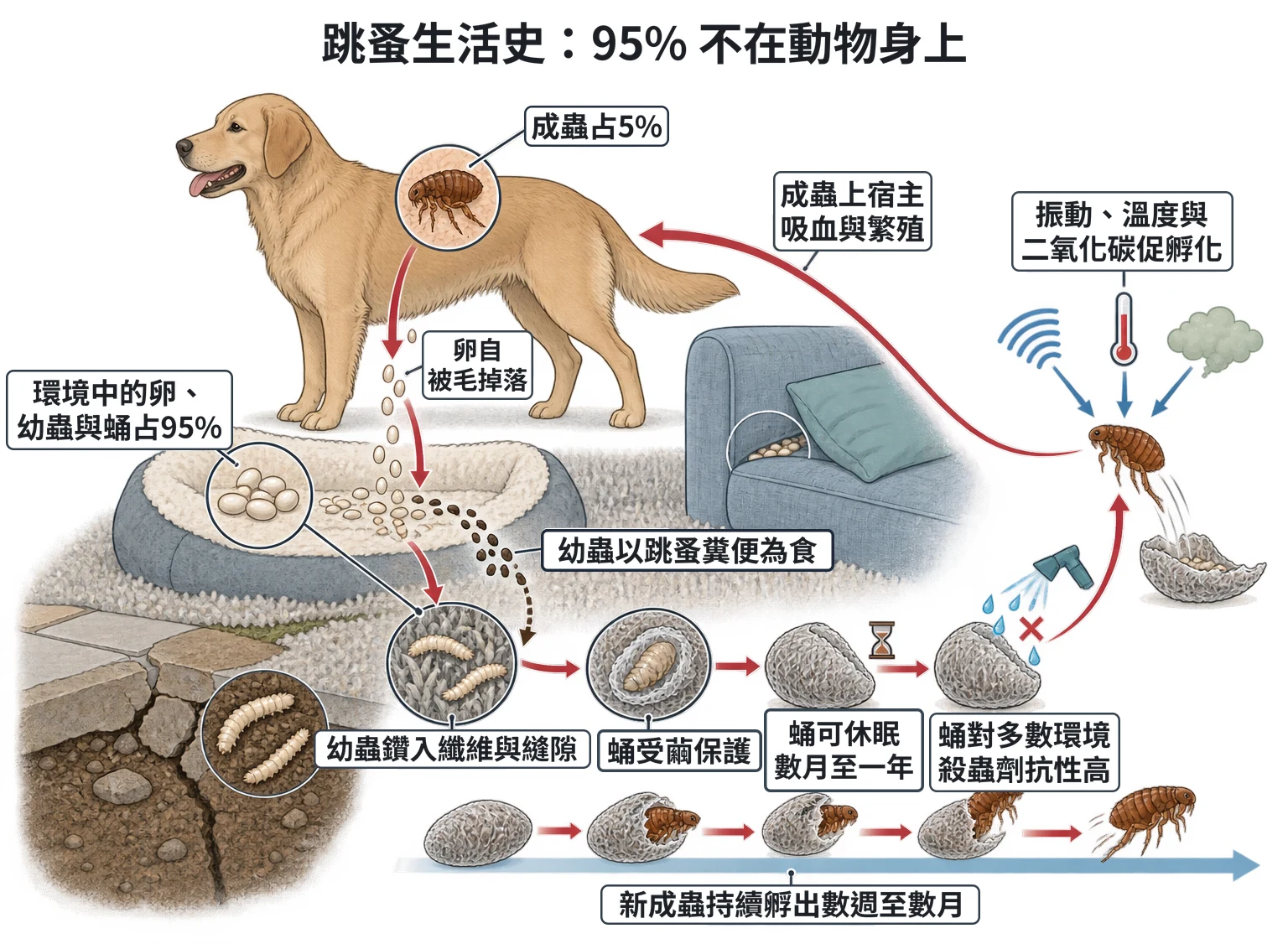 跳蚤生活史:95% 不在動物身上教學插圖