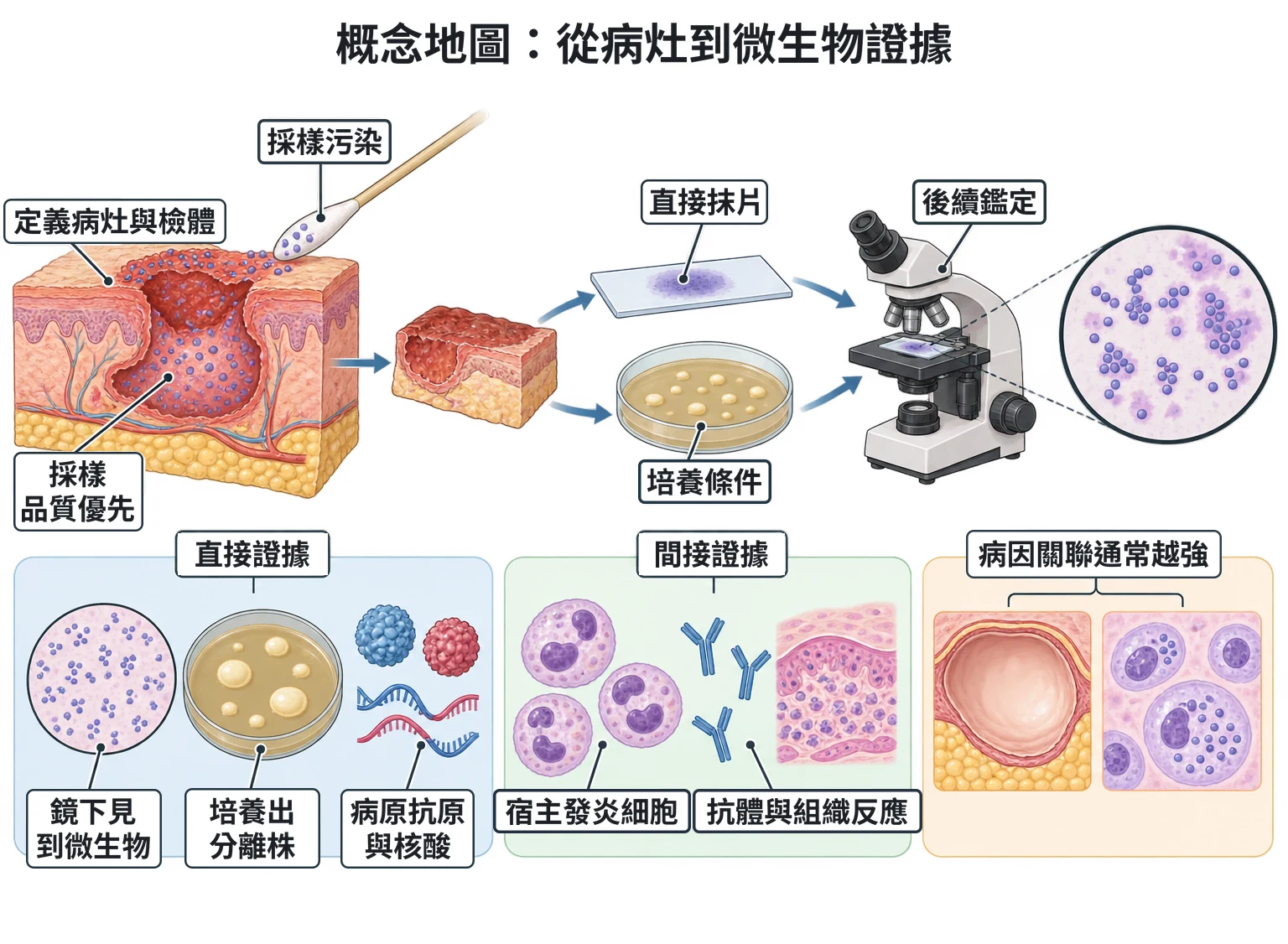 概念地圖:從病灶到微生物證據教學插圖
