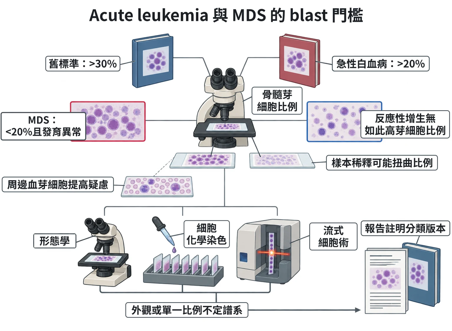 Acute leukemia 與 MDS 的 blast 門檻教學插圖