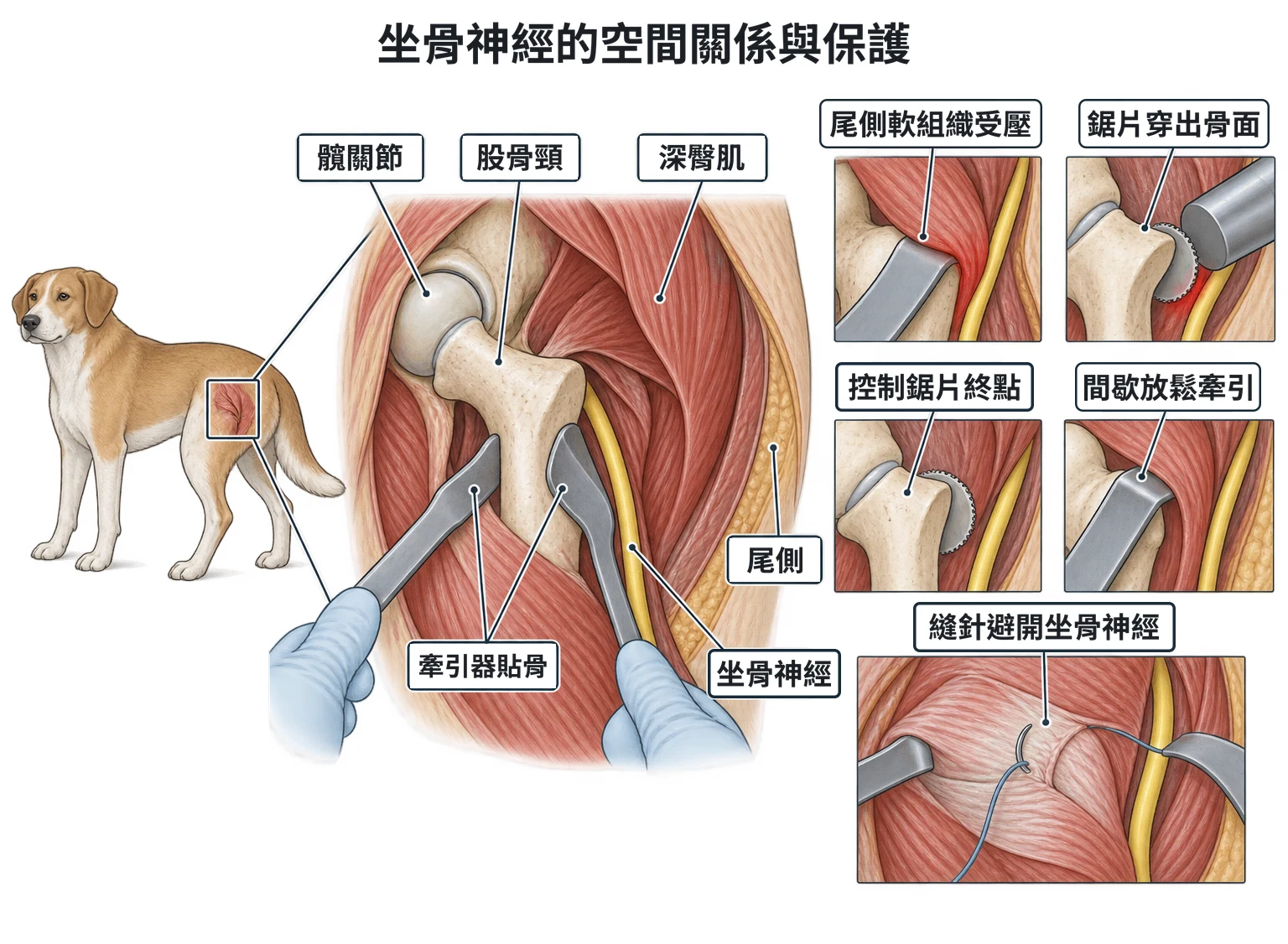 坐骨神經的空間關係與保護教學插圖