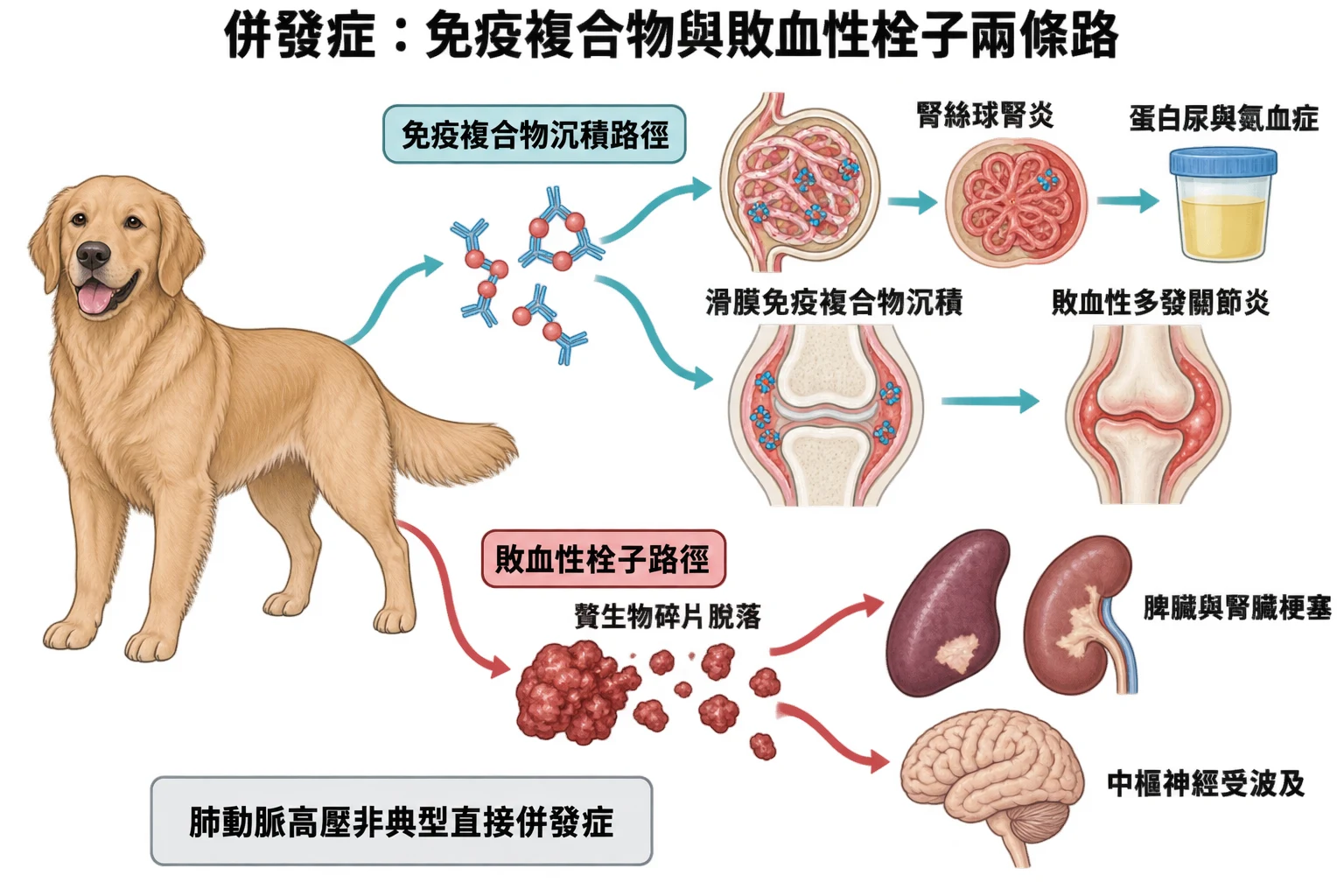 併發症:免疫複合物與敗血性栓子兩條路教學插圖