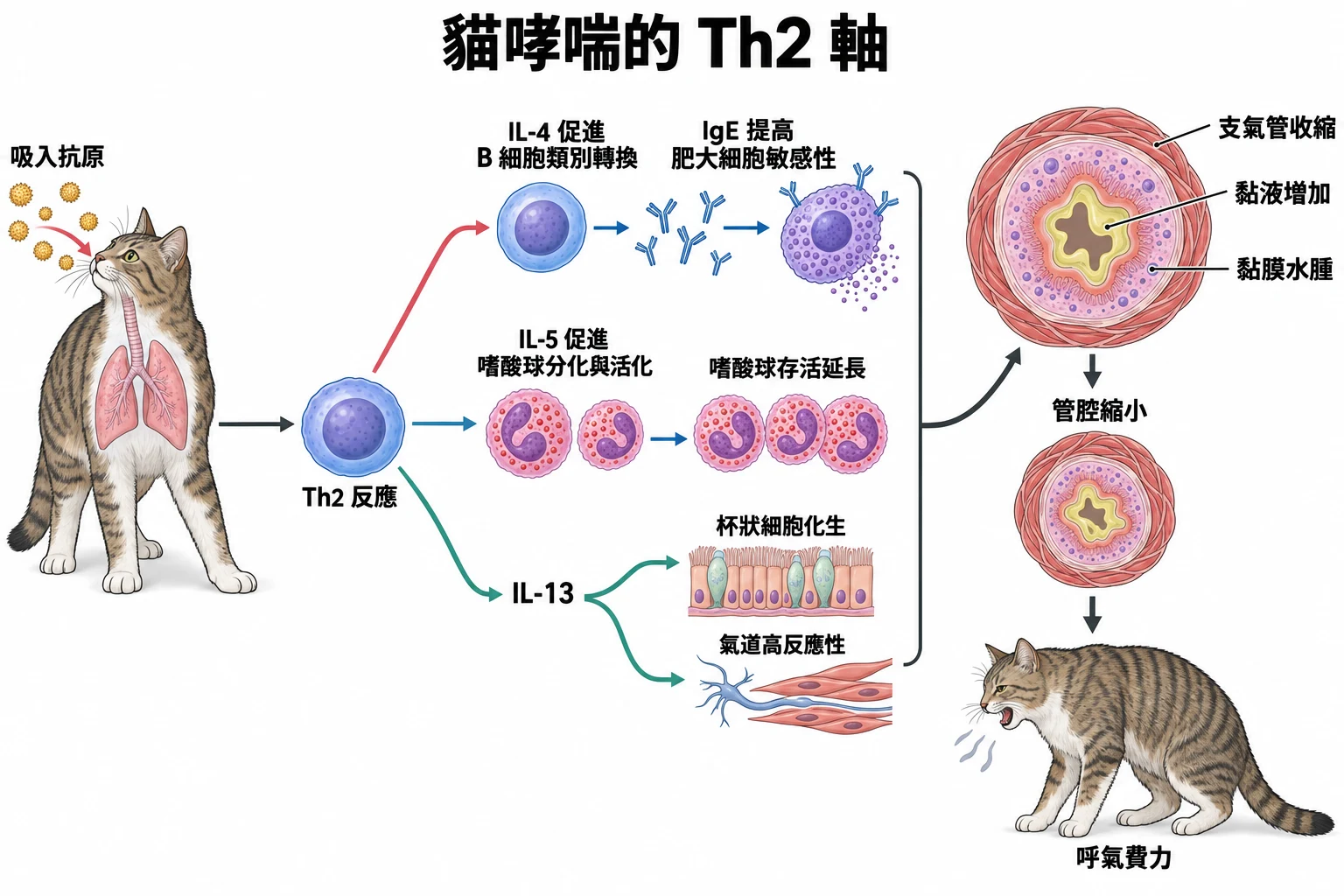 貓哮喘的 Th2 軸教學插圖