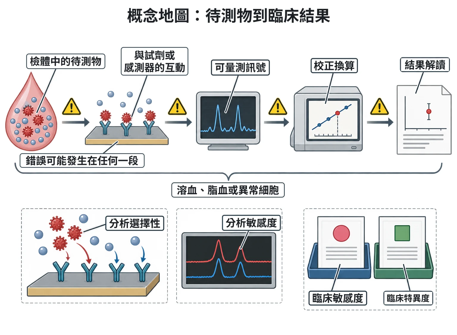 概念地圖:待測物到臨床結果教學插圖