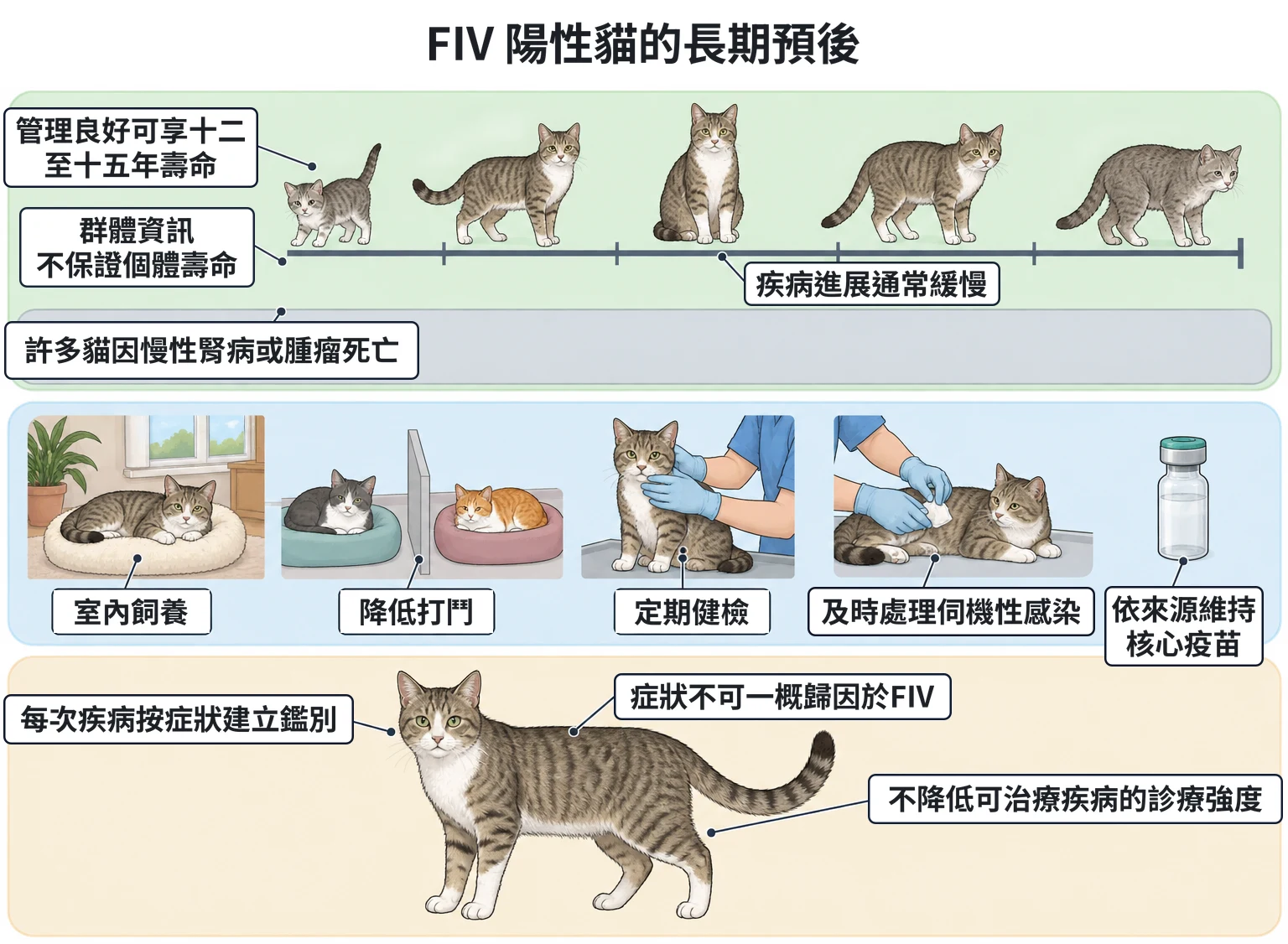 FIV 陽性貓的長期預後教學插圖