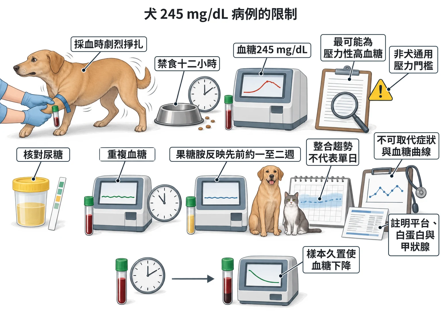 犬 245 mg/dL 病例的限制教學插圖