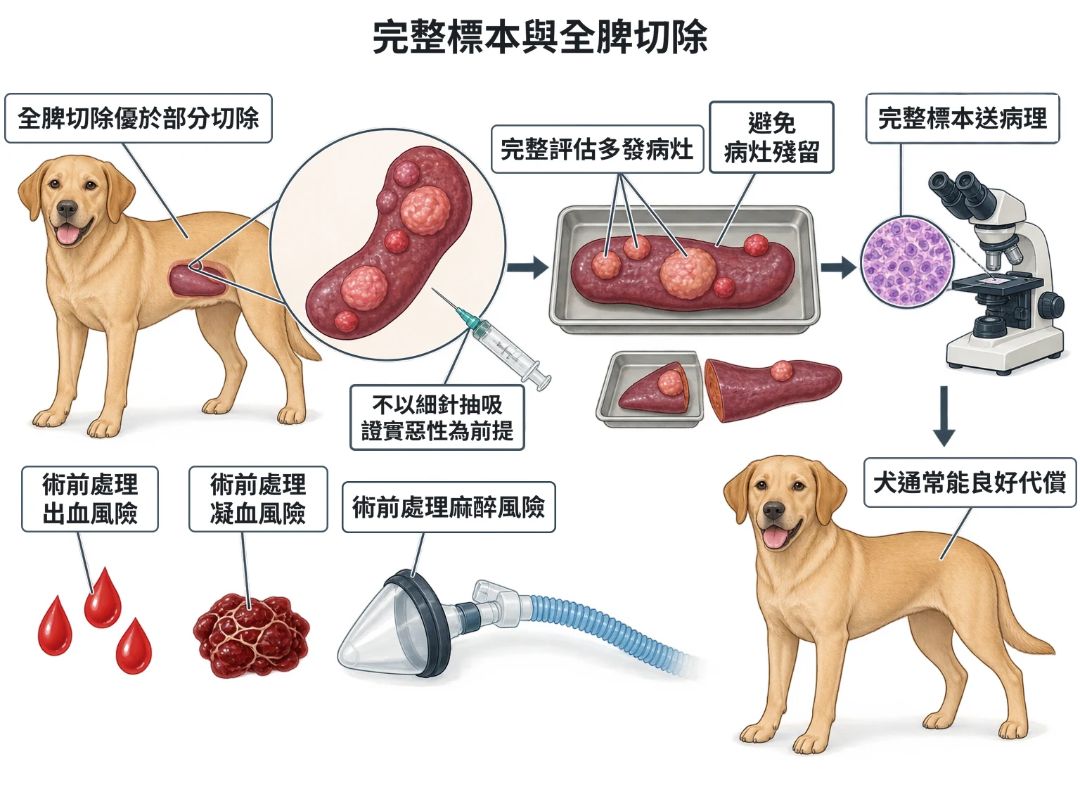 完整標本與全脾切除教學插圖