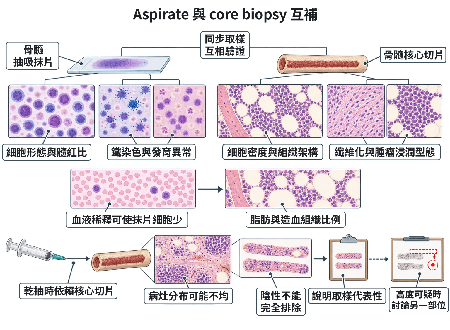 Aspirate 與 core biopsy 互補教學插圖