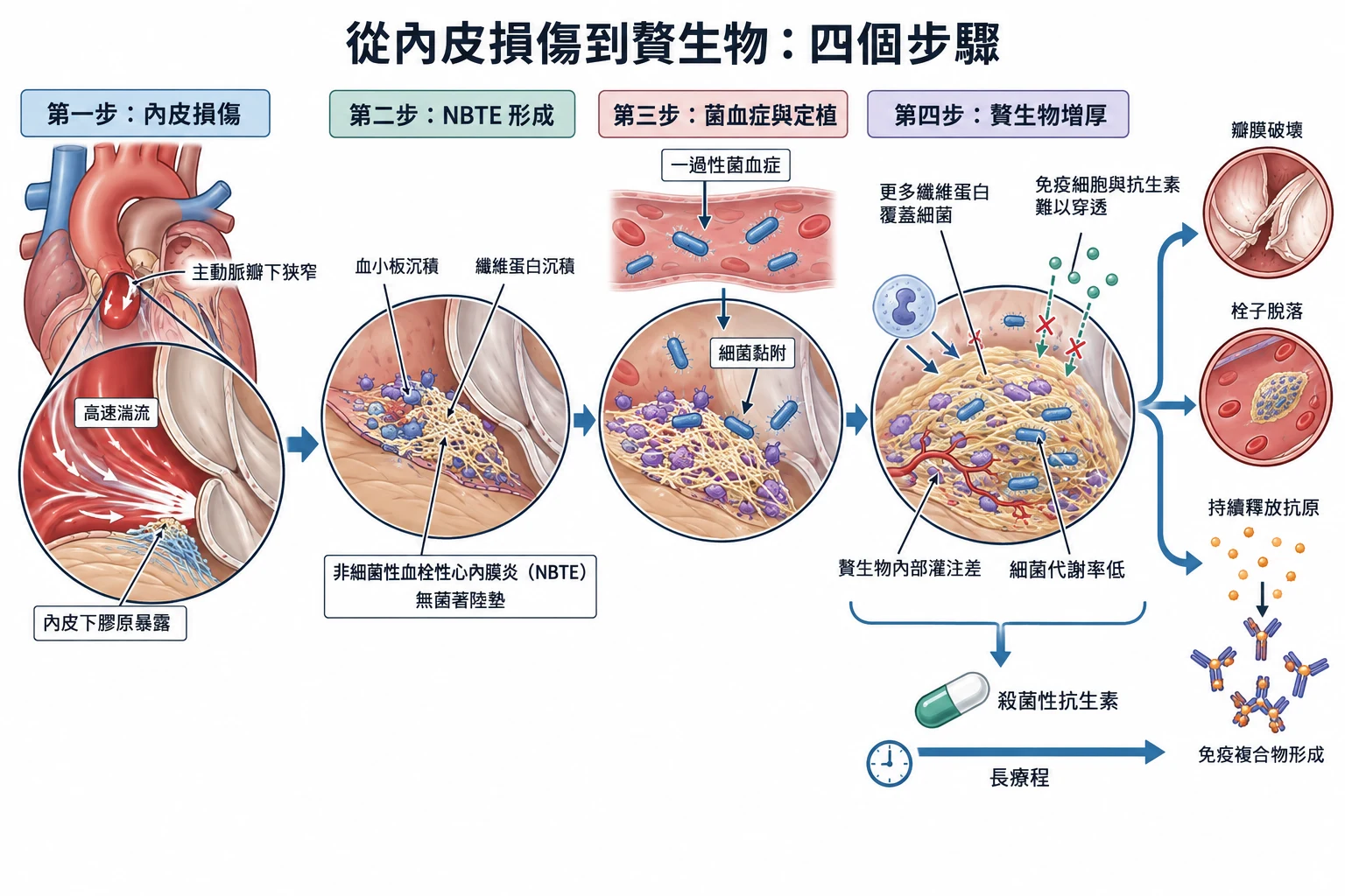 從內皮損傷到贅生物:四個步驟教學插圖