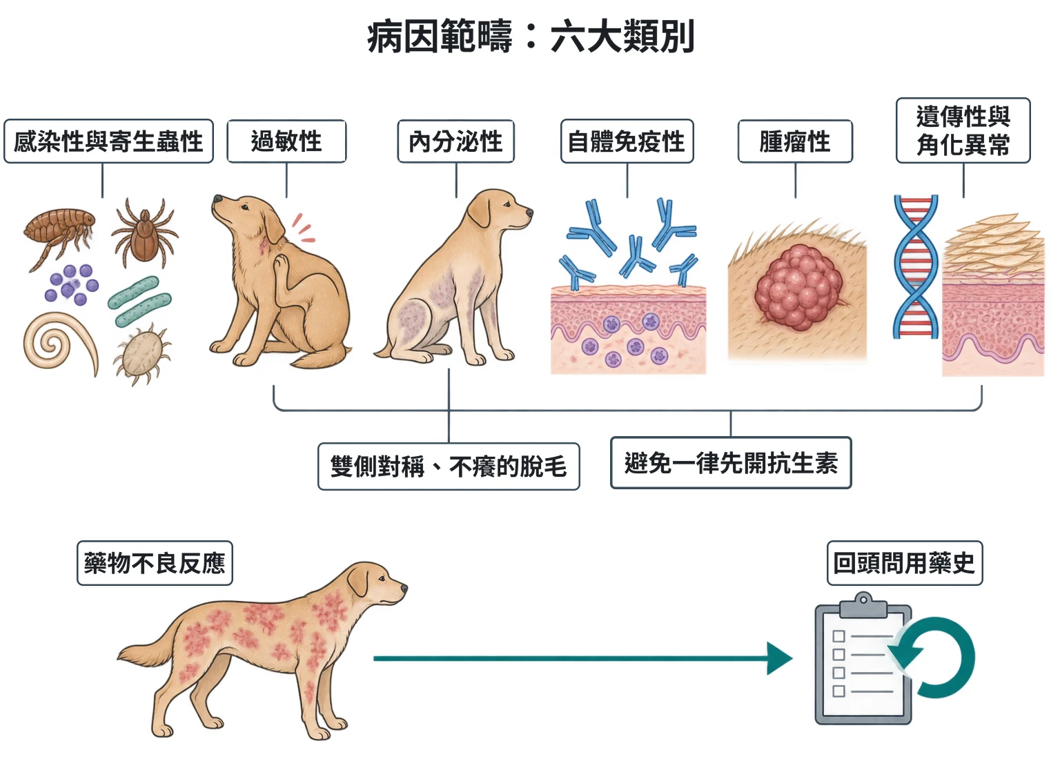 病因範疇:六大類別教學插圖