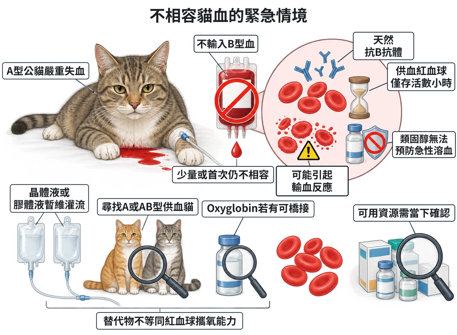 不相容貓血的緊急情境教學插圖