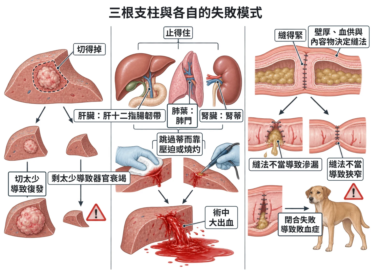 三根支柱與各自的失敗模式教學插圖
