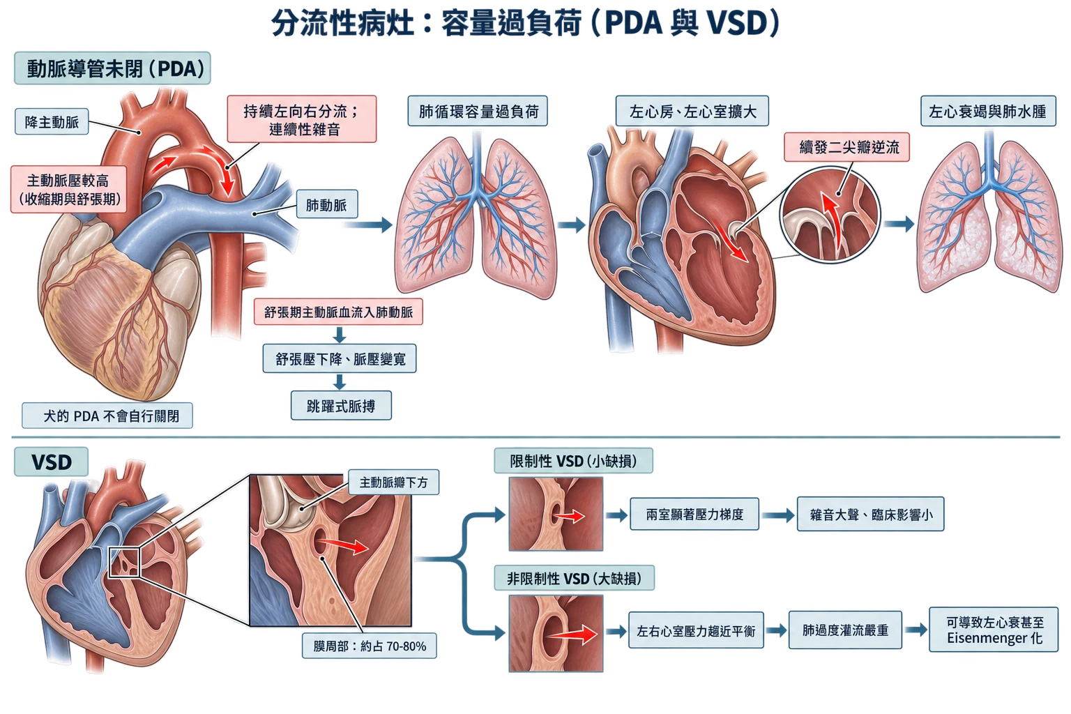 分流性病灶:容量過負荷(PDA 與 VSD)教學插圖