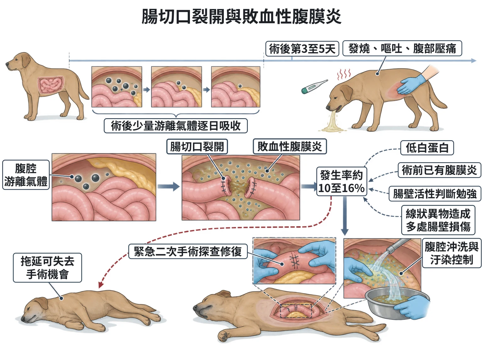 腸切口裂開與敗血性腹膜炎教學插圖