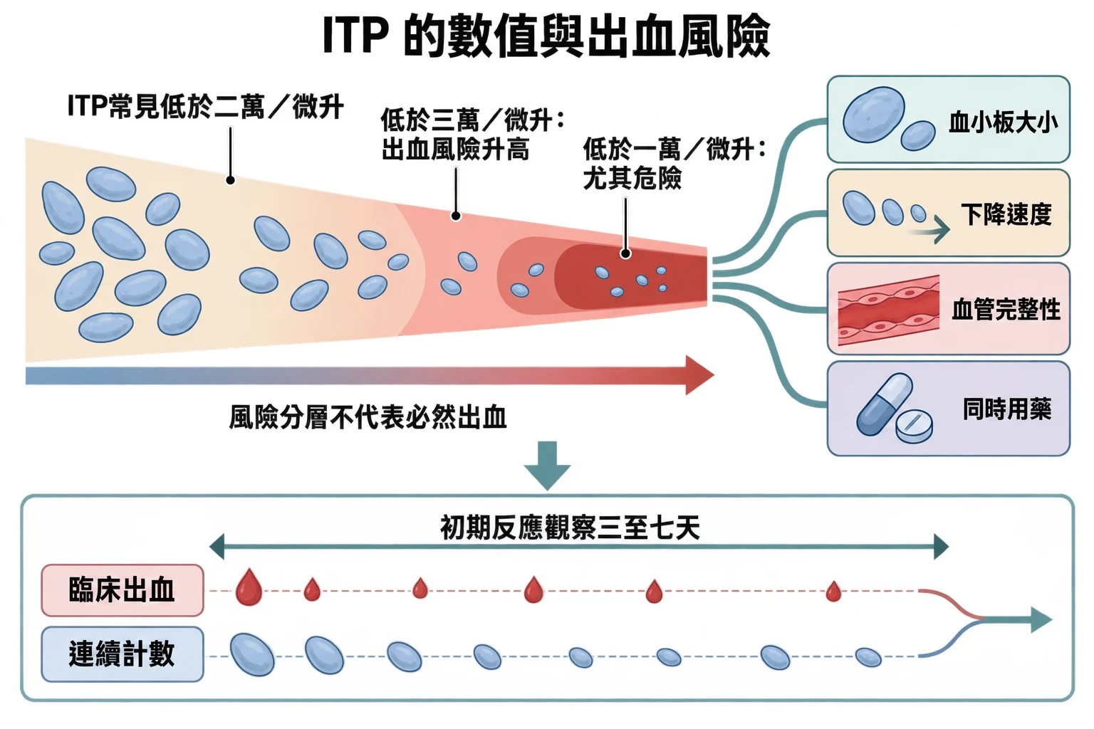 ITP 的數值與出血風險教學插圖