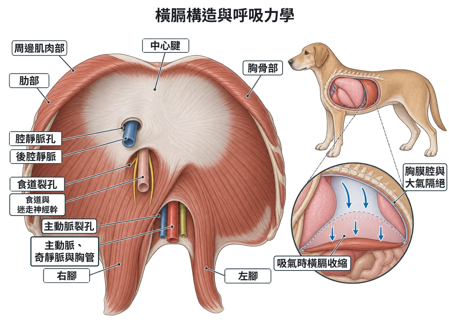 橫膈構造與呼吸力學教學插圖