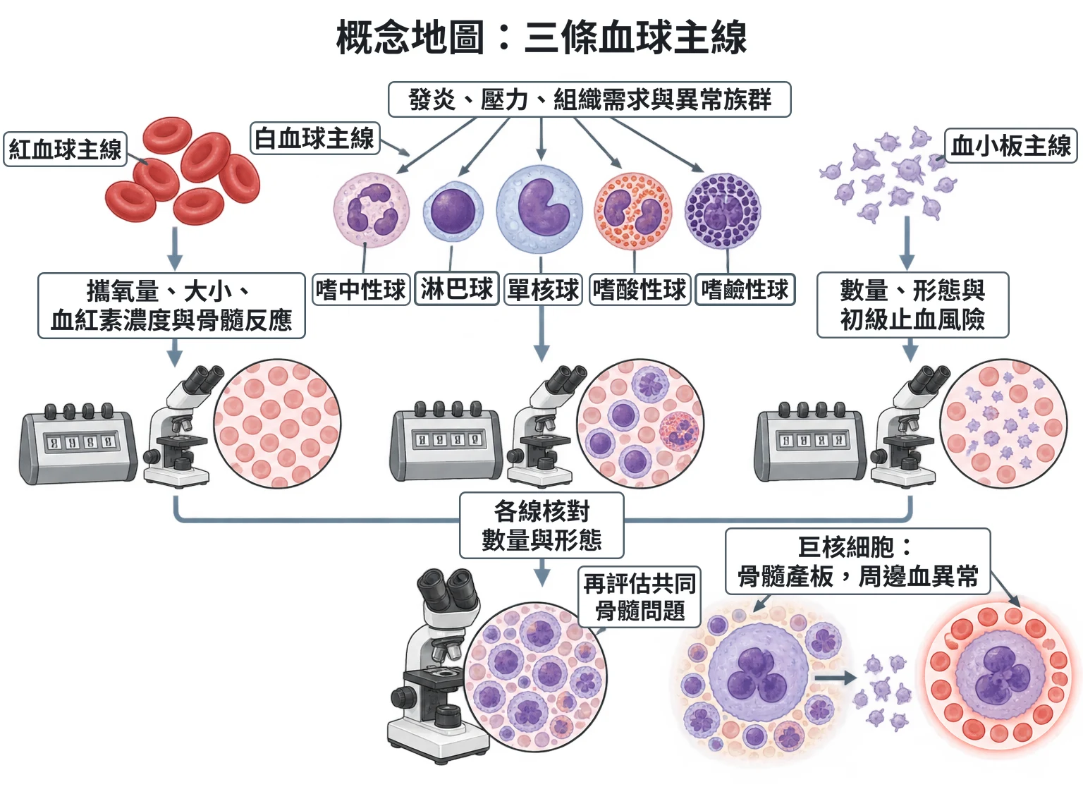 概念地圖:三條血球主線教學插圖