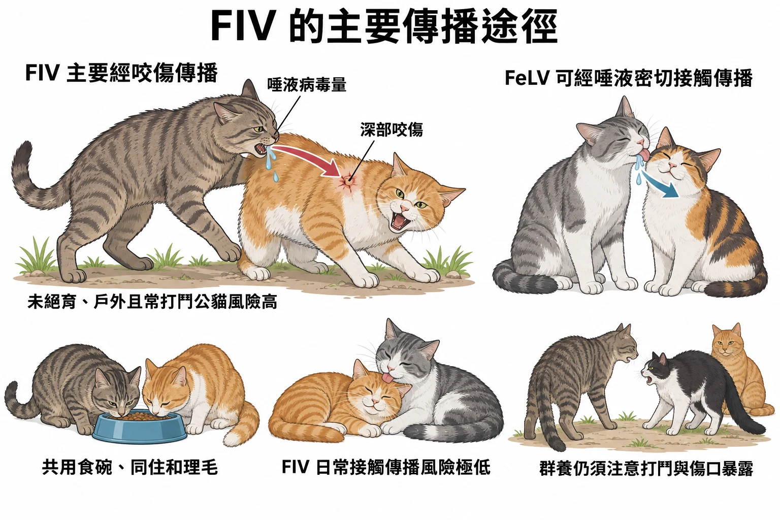 FIV 的主要傳播途徑教學插圖