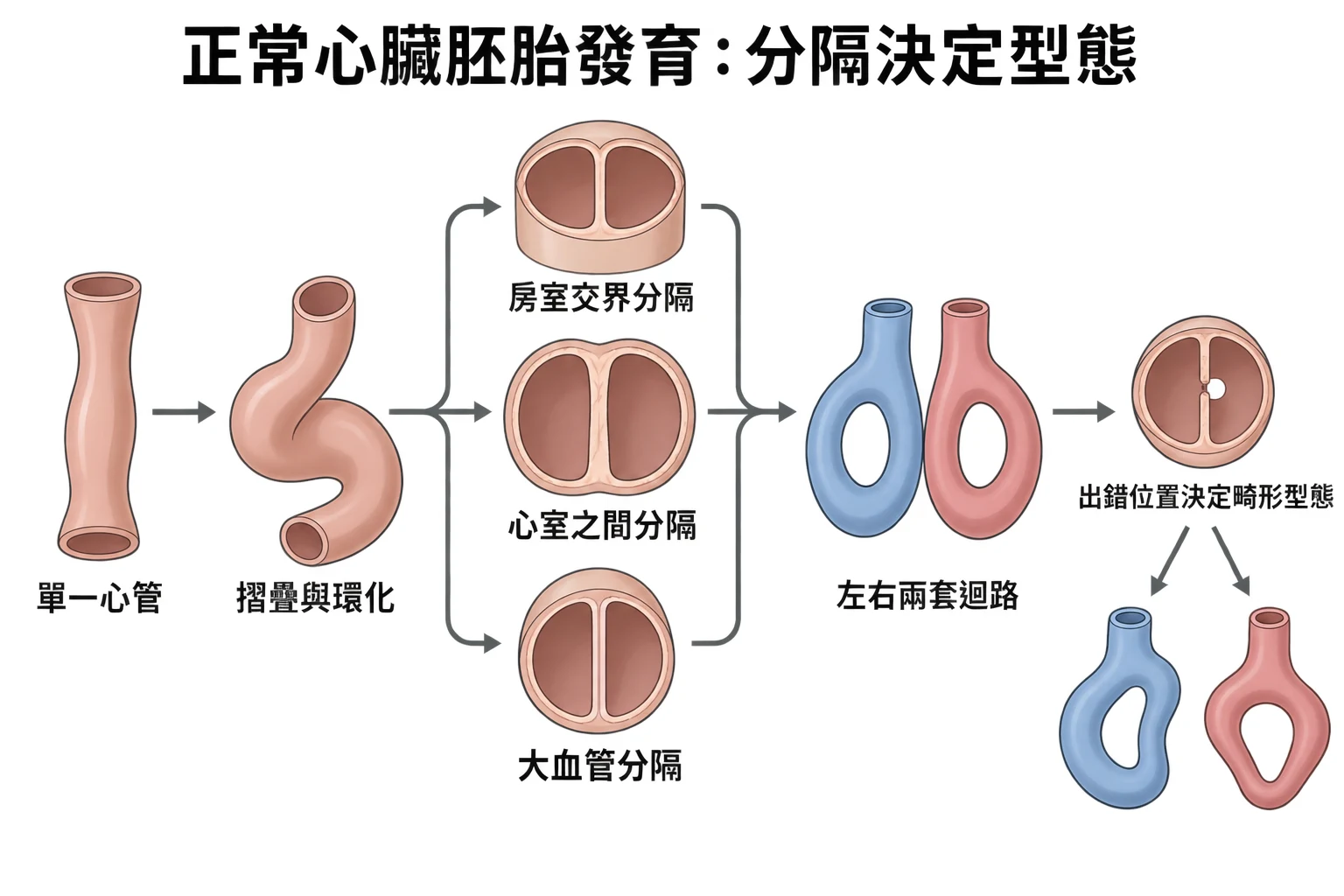 正常心臟胚胎發育:分隔決定型態教學插圖