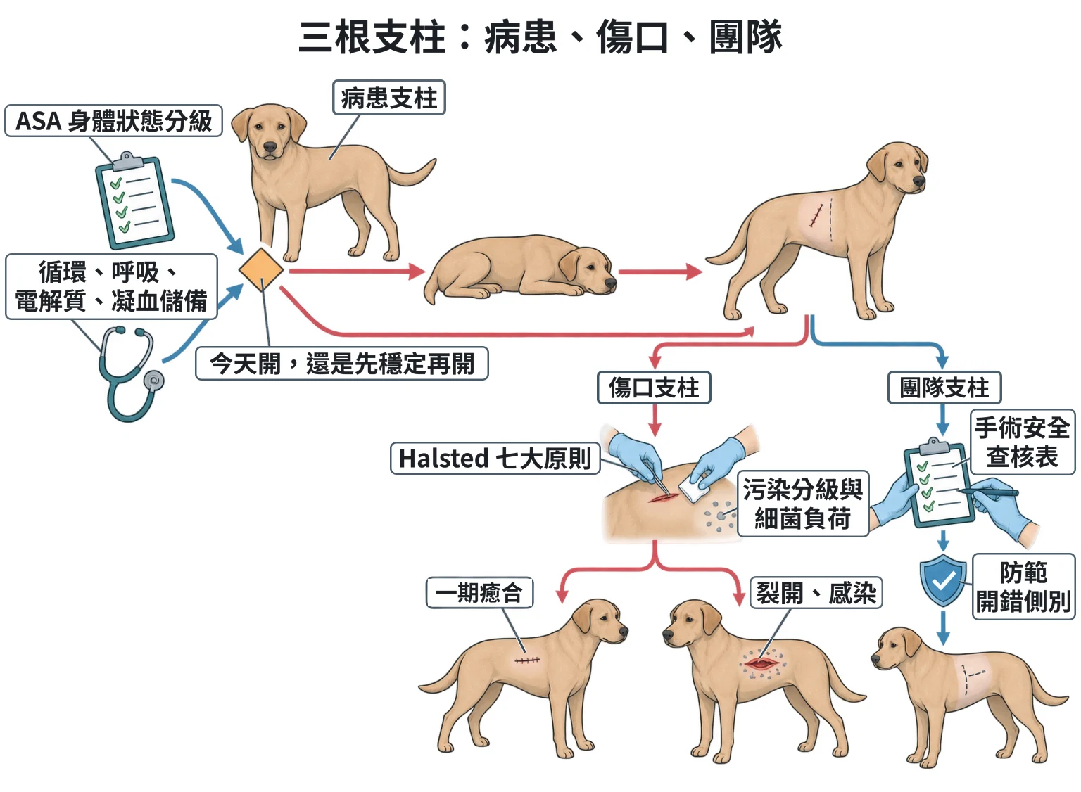 三根支柱:病患、傷口、團隊教學插圖