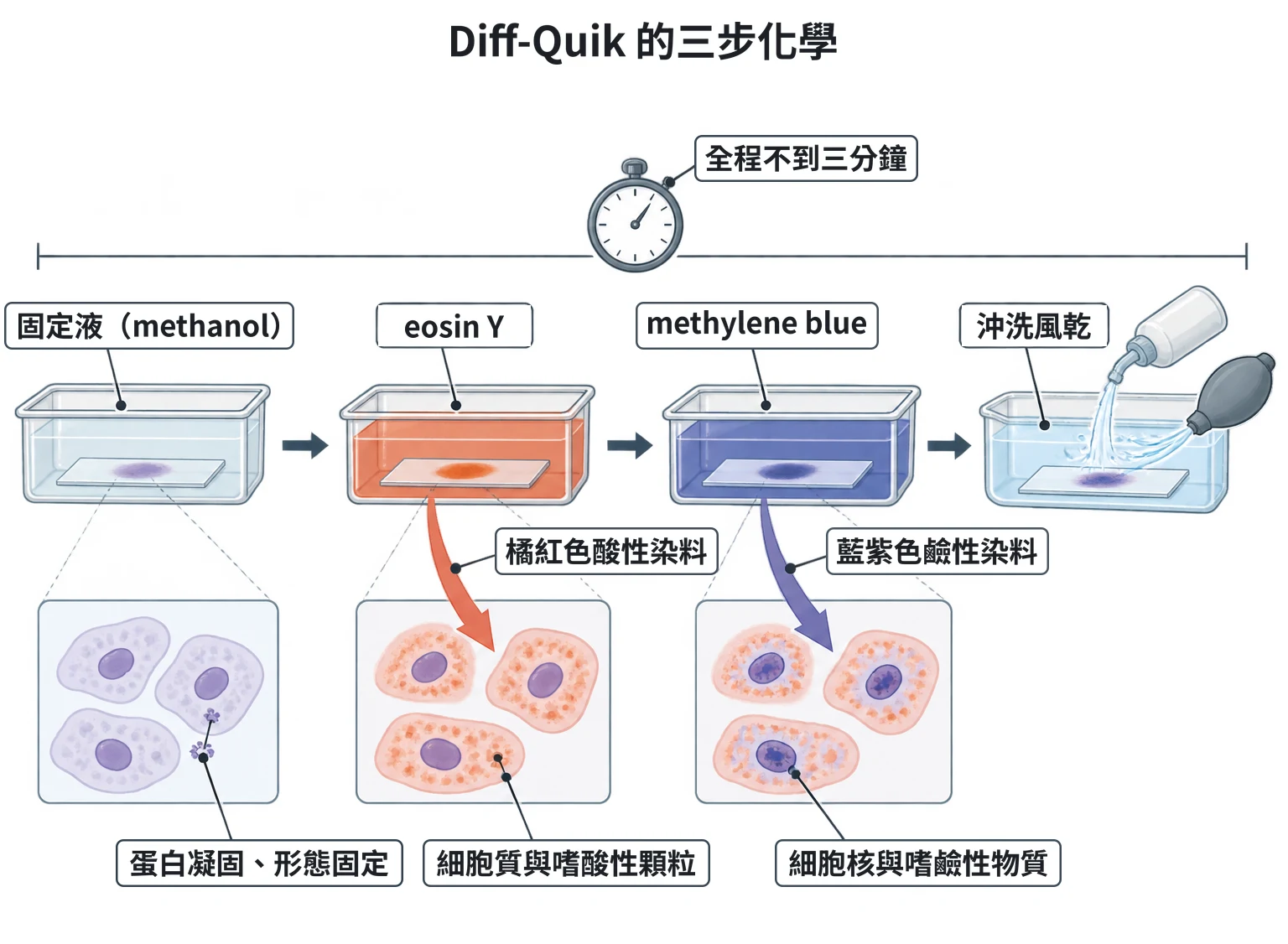 Diff-Quik 的三步化學教學插圖