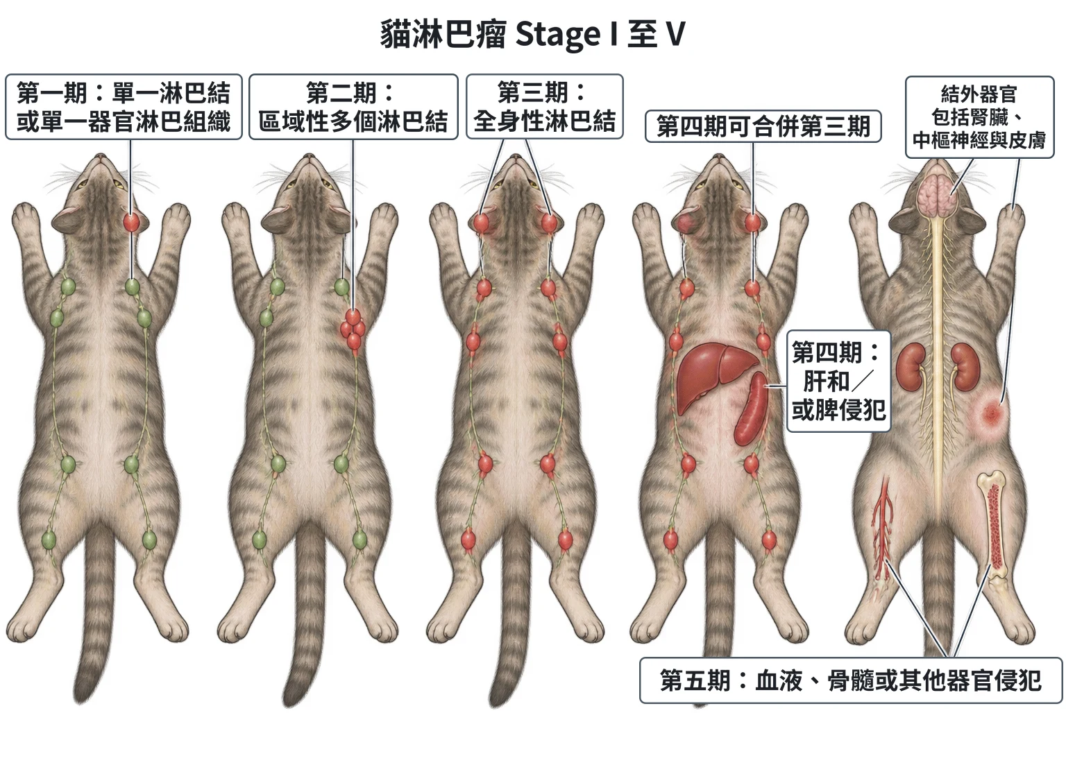 貓淋巴瘤 Stage I 至 V教學插圖