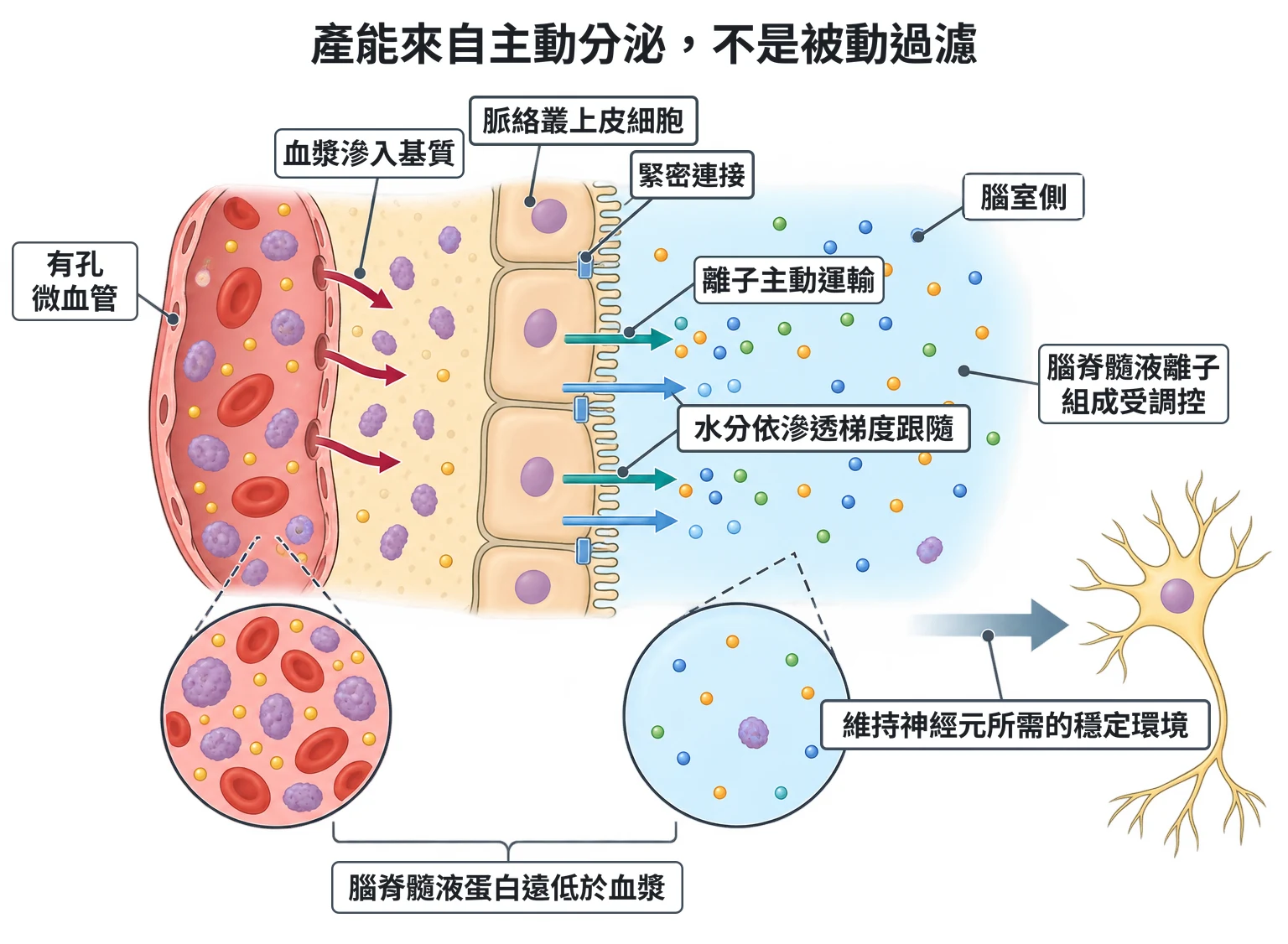 產能來自主動分泌,不是被動過濾教學插圖