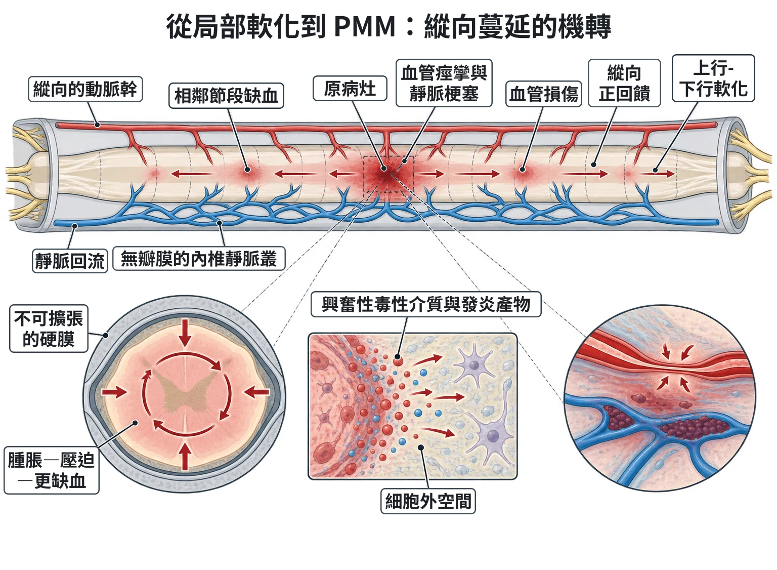 從局部軟化到 PMM:縱向蔓延的機轉教學插圖