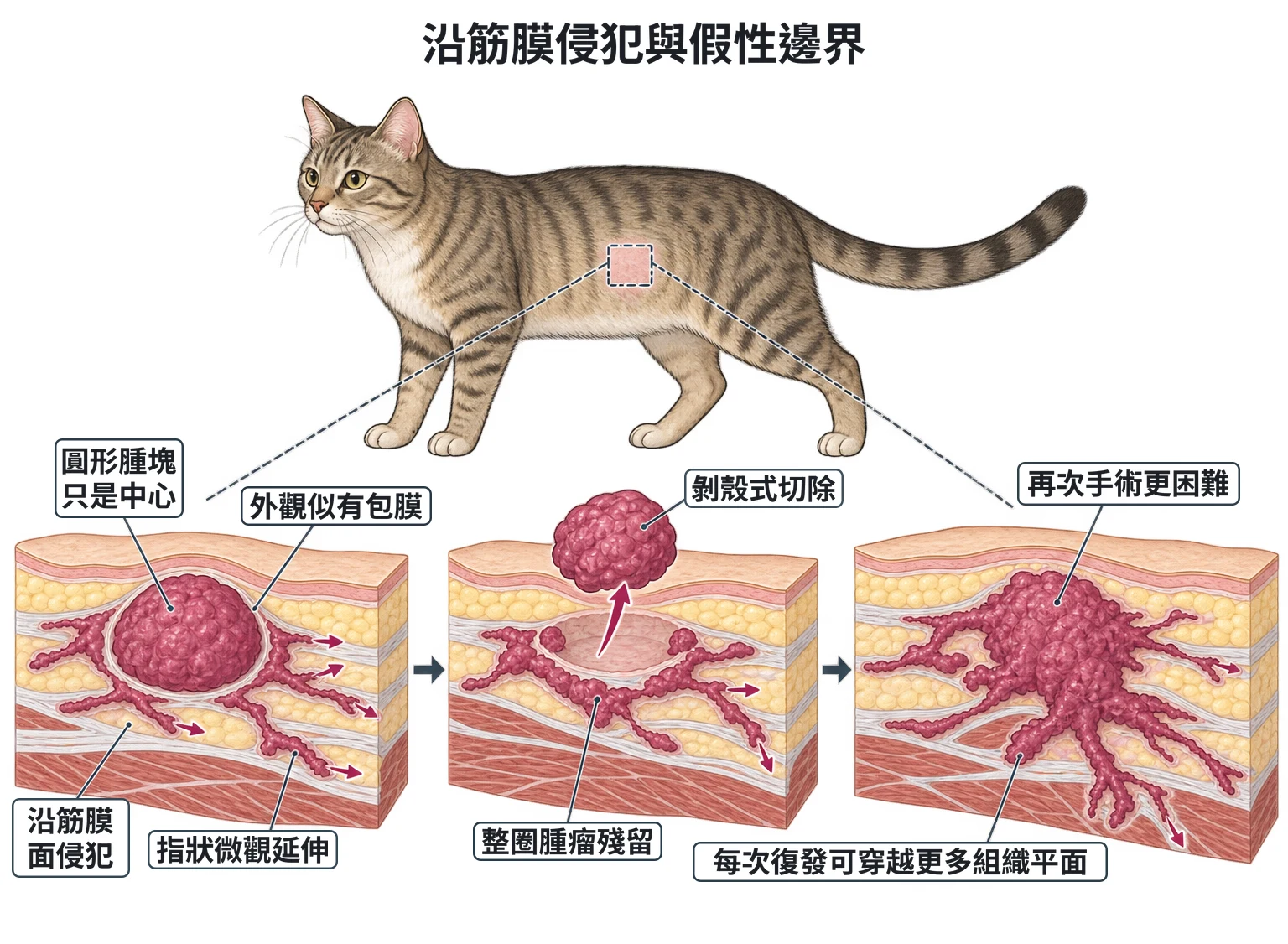 沿筋膜侵犯與假性邊界教學插圖