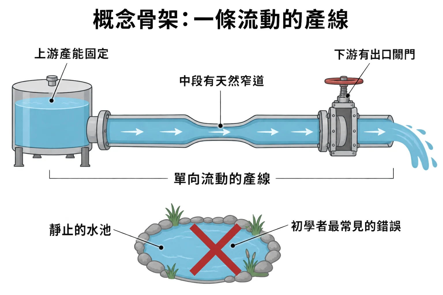 概念骨架:一條流動的產線教學插圖