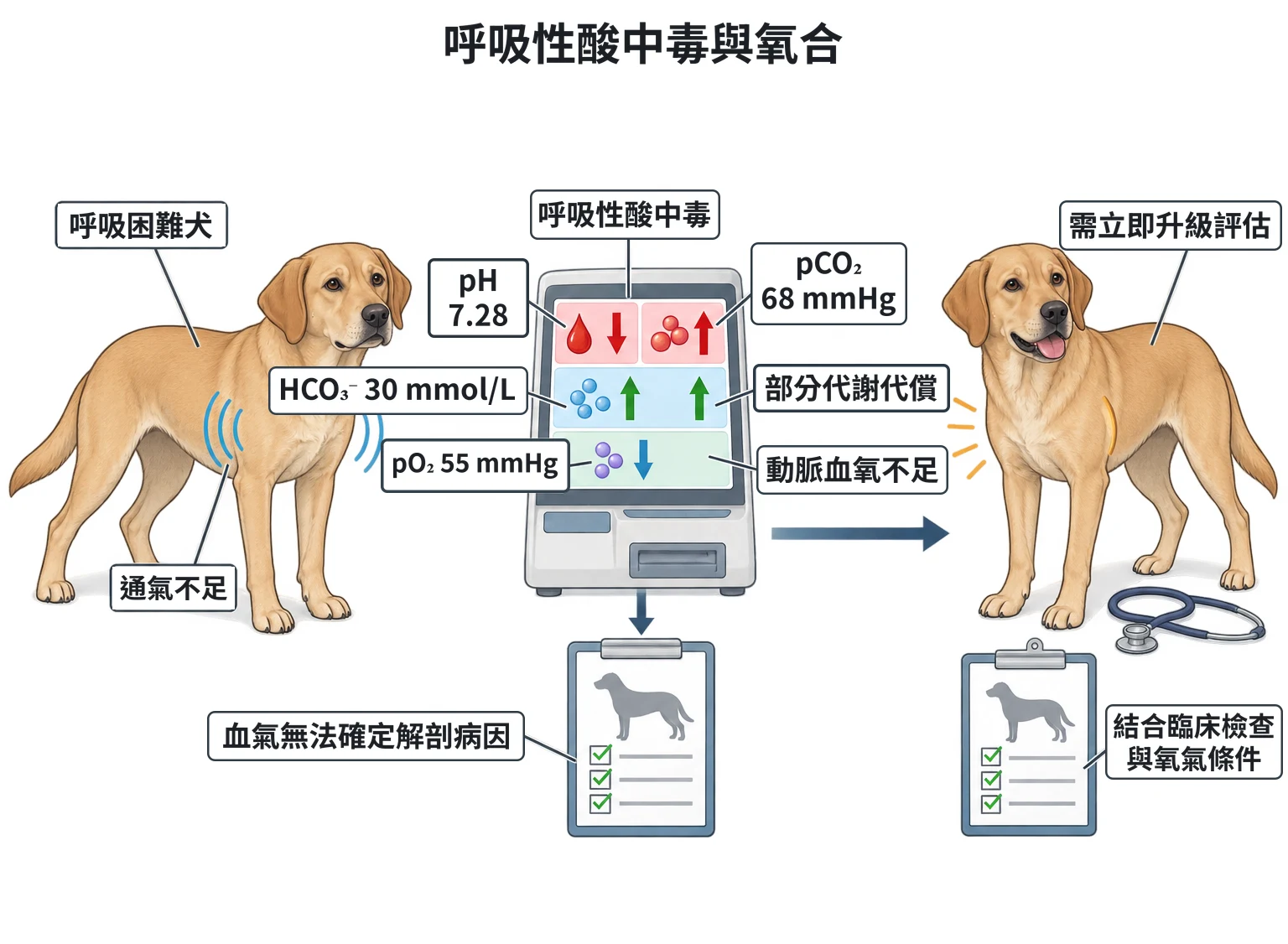 呼吸性酸中毒與氧合教學插圖