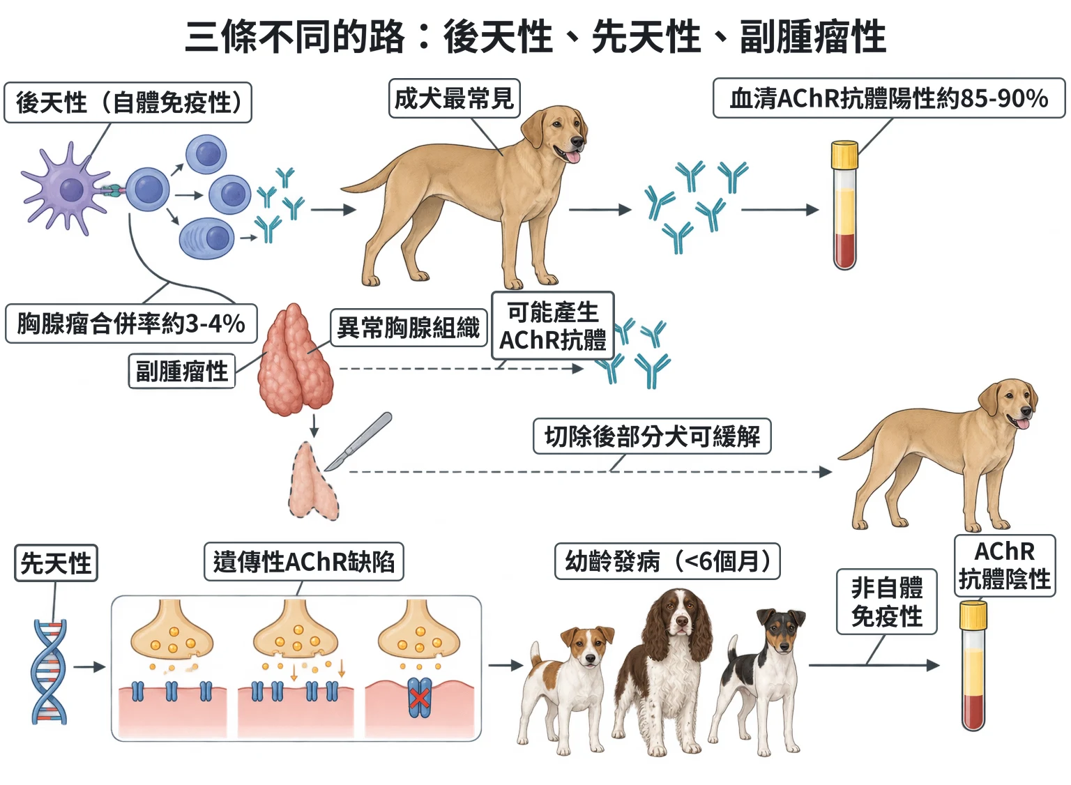 三條不同的路:後天性、先天性、副腫瘤性教學插圖