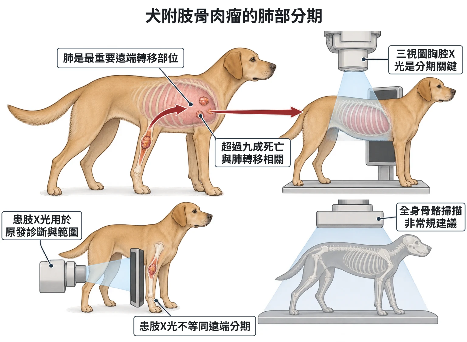 犬附肢骨肉瘤的肺部分期教學插圖