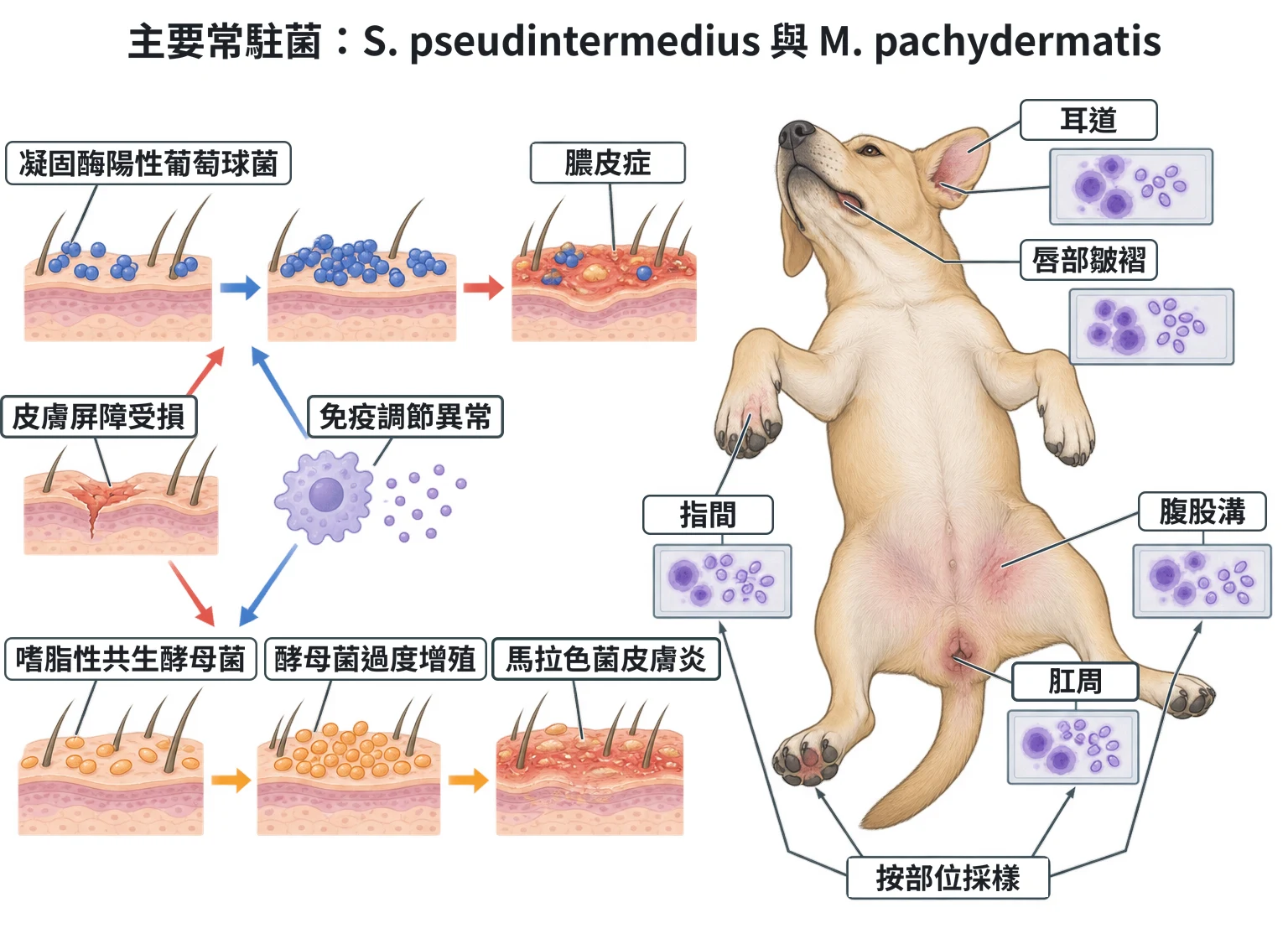 主要常駐菌:S. pseudintermedius 與 M. pachydermatis教學插圖