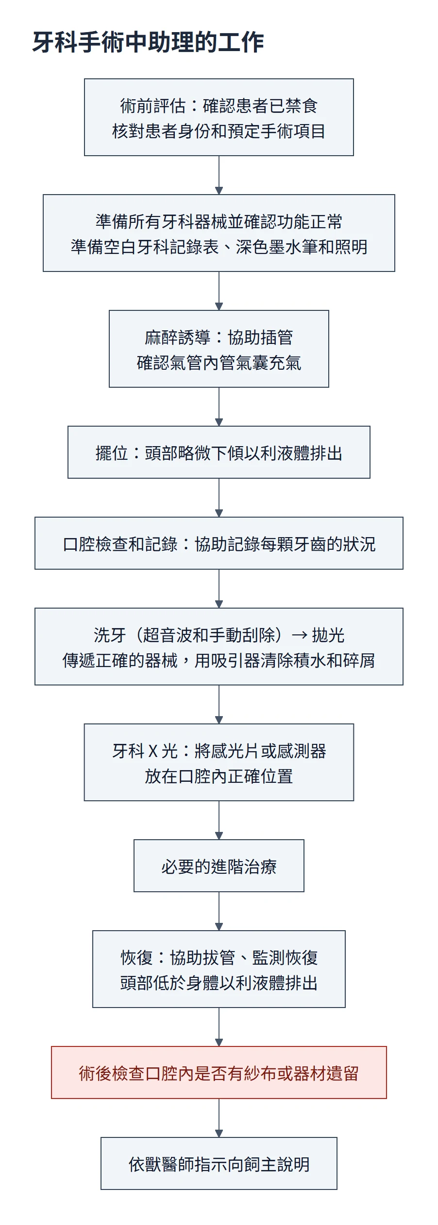 牙科手術助理流程圖：術前確認禁食、核對身份與手術項目，準備器械與牙科記錄表；協助麻醉誘導插管並確認氣囊充氣，擺位時頭部略微下傾；協助記錄口腔檢查，洗牙與拋光時傳遞正確器械並吸除積水，協助牙科 X 光感測器擺位；進階治療後協助拔管與恢復，術後檢查口腔內有無紗布或器材遺留，再依獸醫師指示衛教飼主