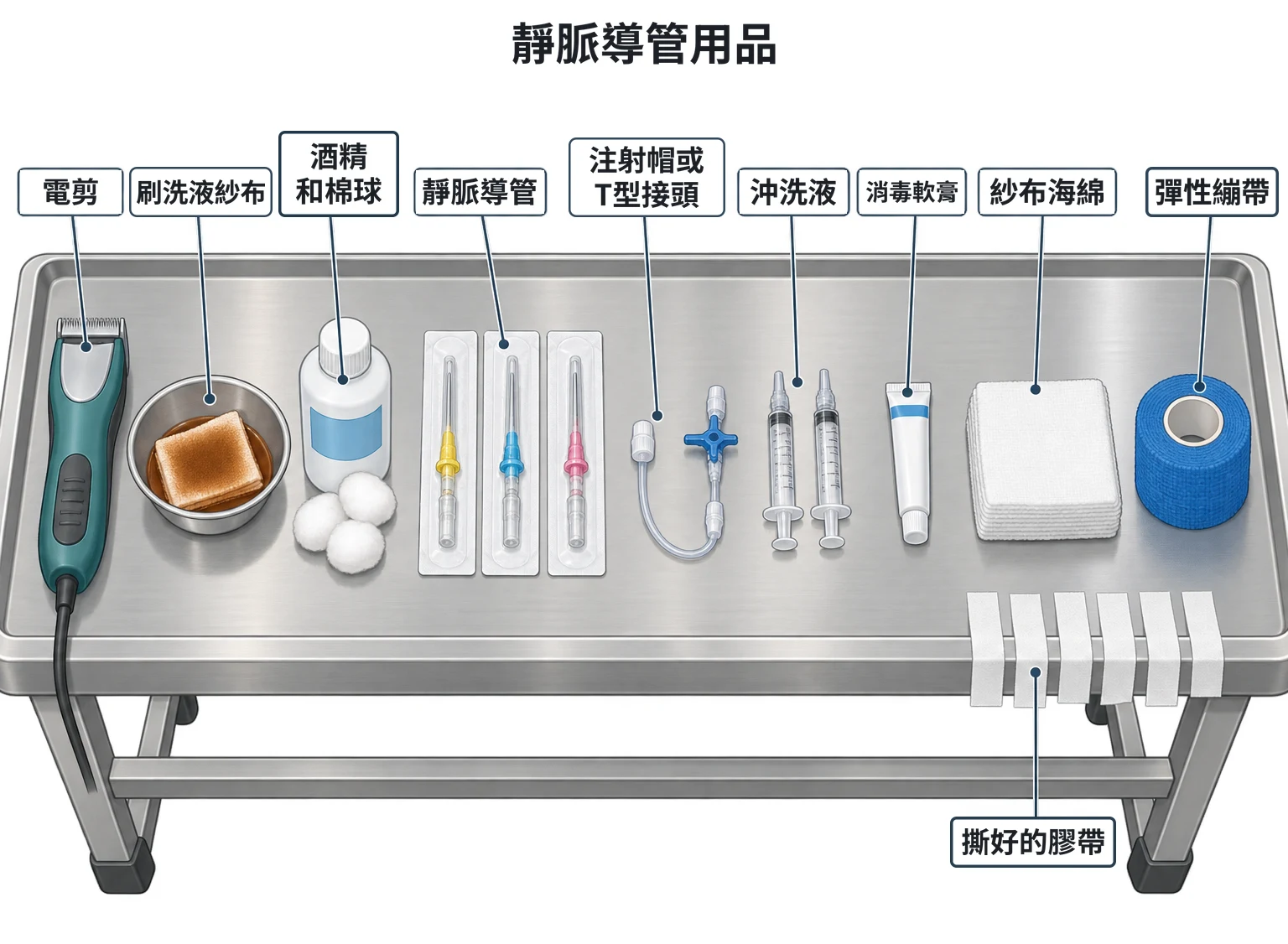 靜脈導管插入前準備示意圖：俯視治療台，由左到右依序排著電剪、浸手術刷洗液的紗布、酒精與棉球、包裝中的靜脈導管、注射帽與 T 型接頭、沖洗液注射器、消毒軟膏、紗布海綿、黏在台邊的撕好膠帶、彈性繃帶