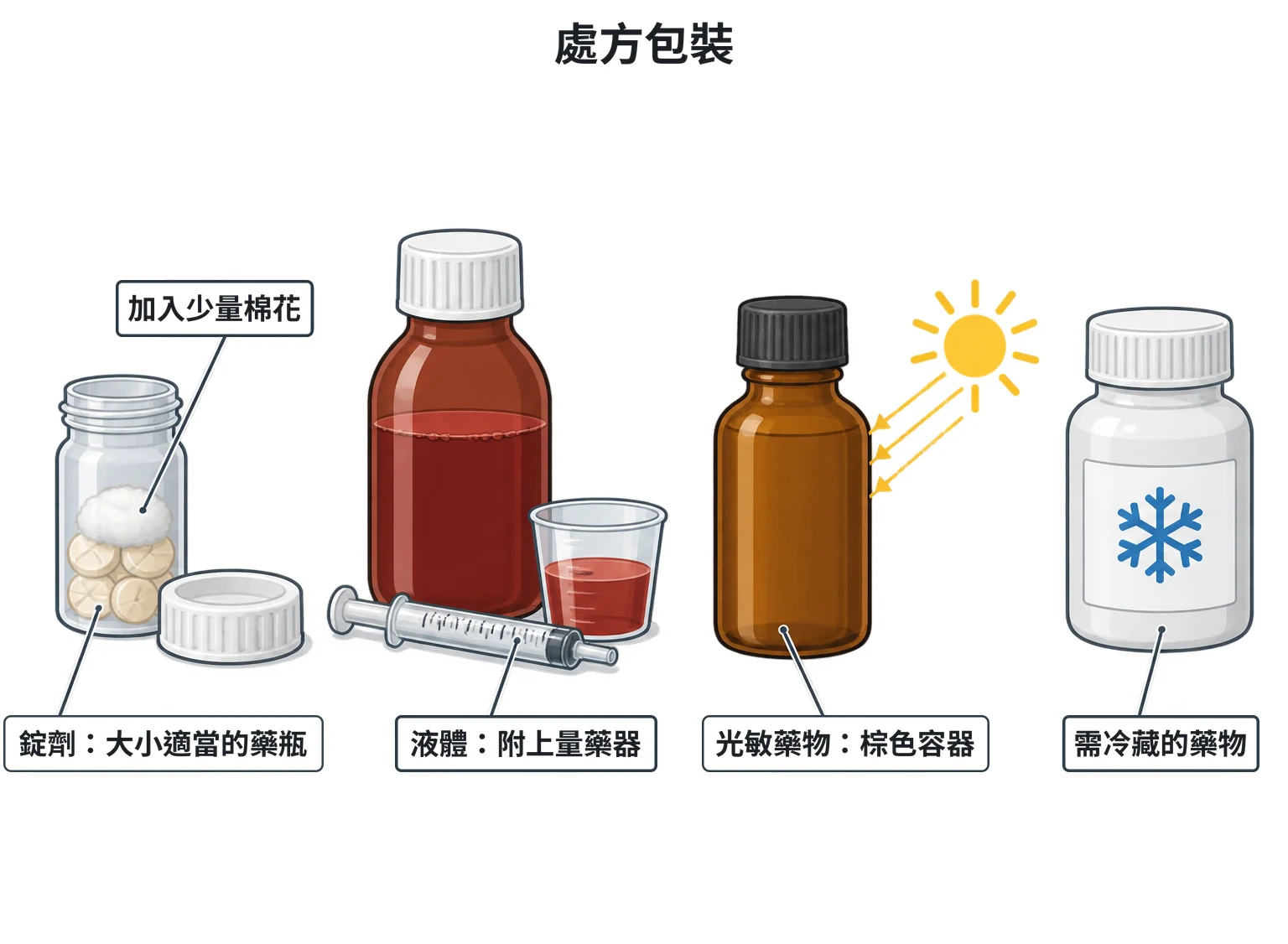 處方包裝示意圖：四格，依序為錠劑裝在大小剛好的藥瓶裡、上面塞少量棉花；液體藥瓶附口服注射器與量杯；棕色瓶擋住光線的光敏藥物；貼著藍色雪花貼紙的冷藏藥物