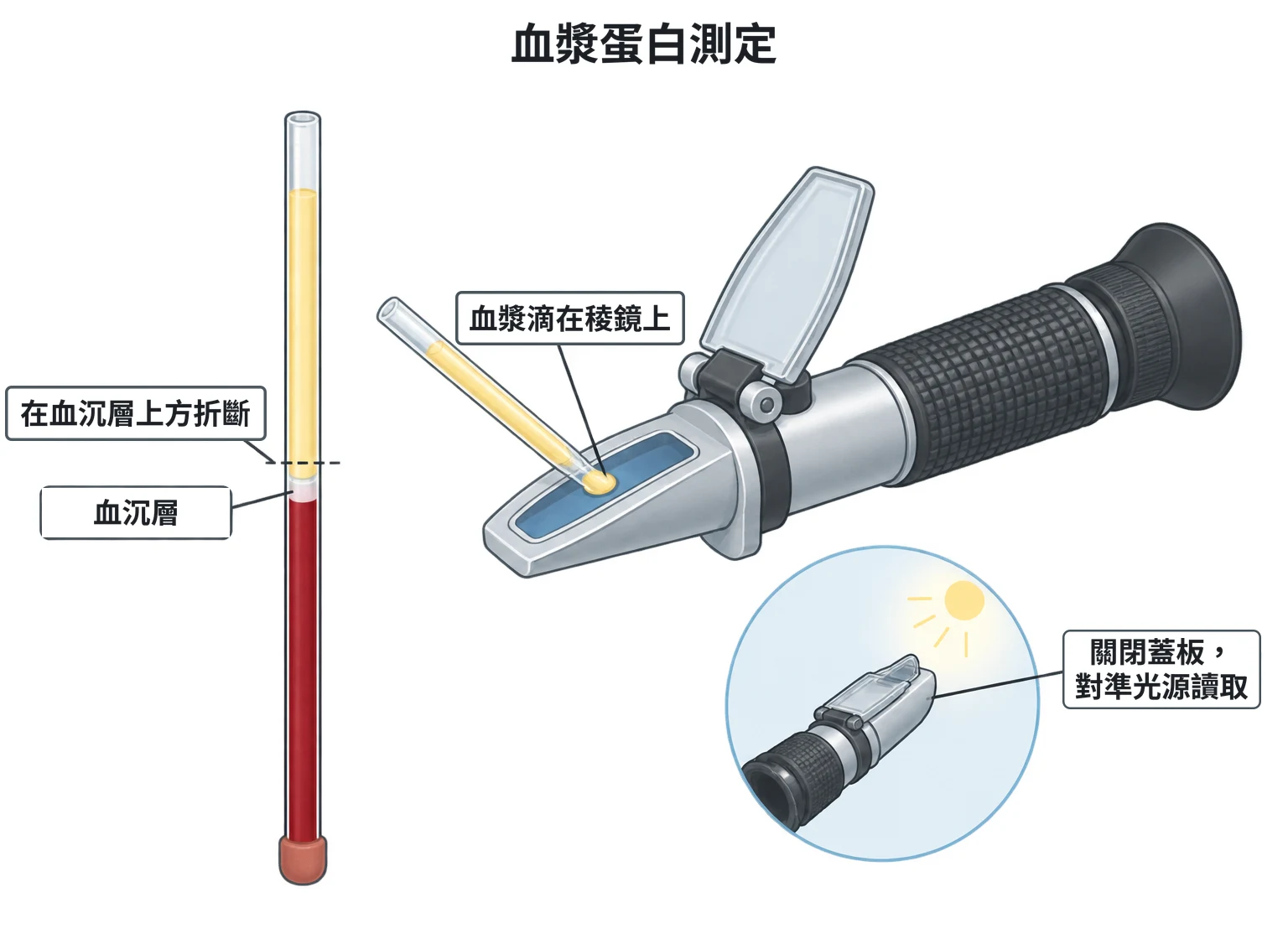 血漿蛋白測定示意圖：左為離心後的微量毛細管，由下而上為封管黏土、紅血球、白色血沉層、淡黃色血漿，血沉層正上方有一道折斷線；右為折斷後含血漿的那段毛細管碰在打開的折射計稜鏡上滴下血漿，旁邊小圖為蓋板蓋上後對著光源看