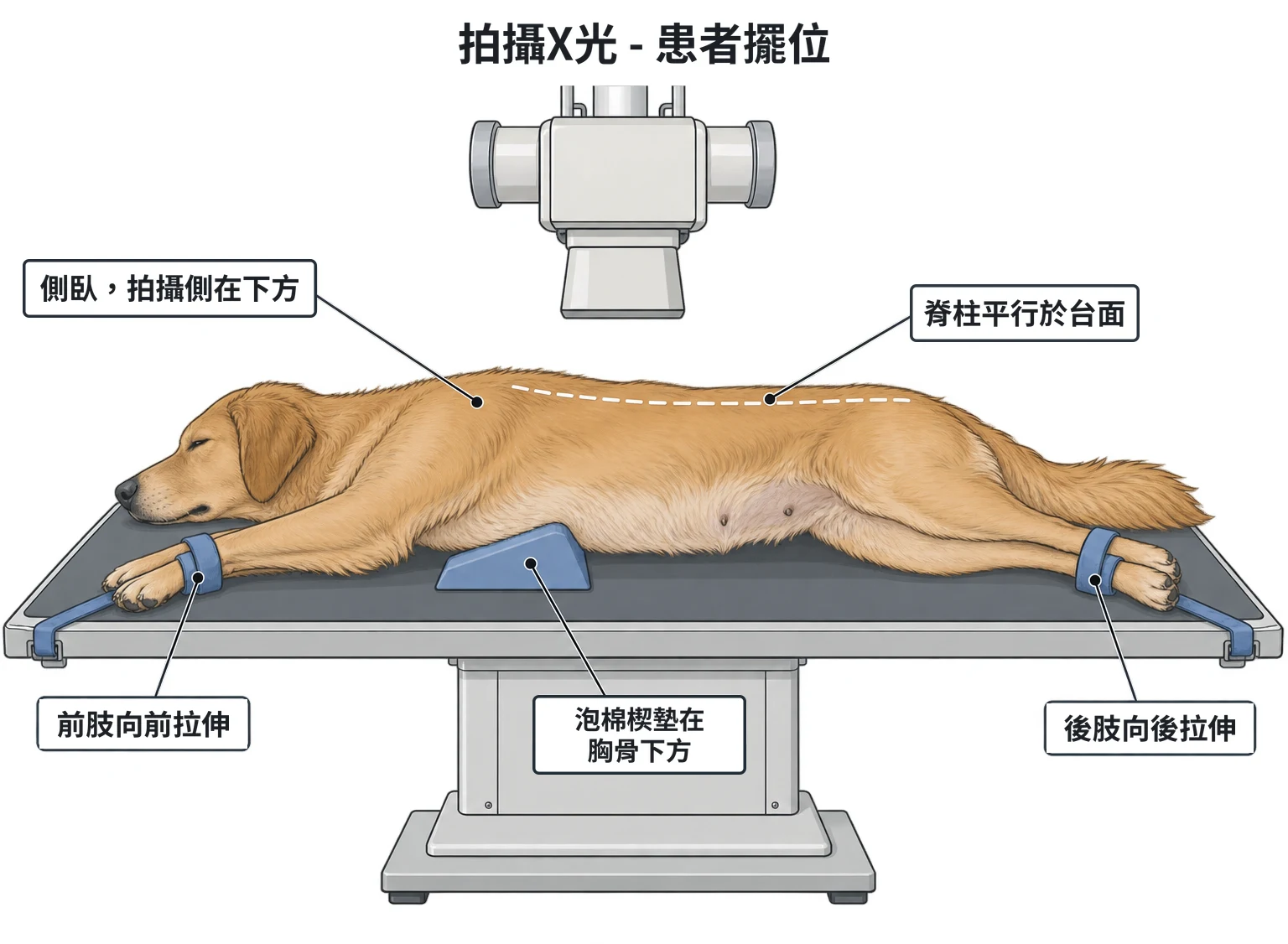 X 光側位擺位示意圖：犬右側臥於 X 光台，前肢向前、後肢向後拉伸，泡棉楔墊在胸骨下方使脊柱平行於台面
