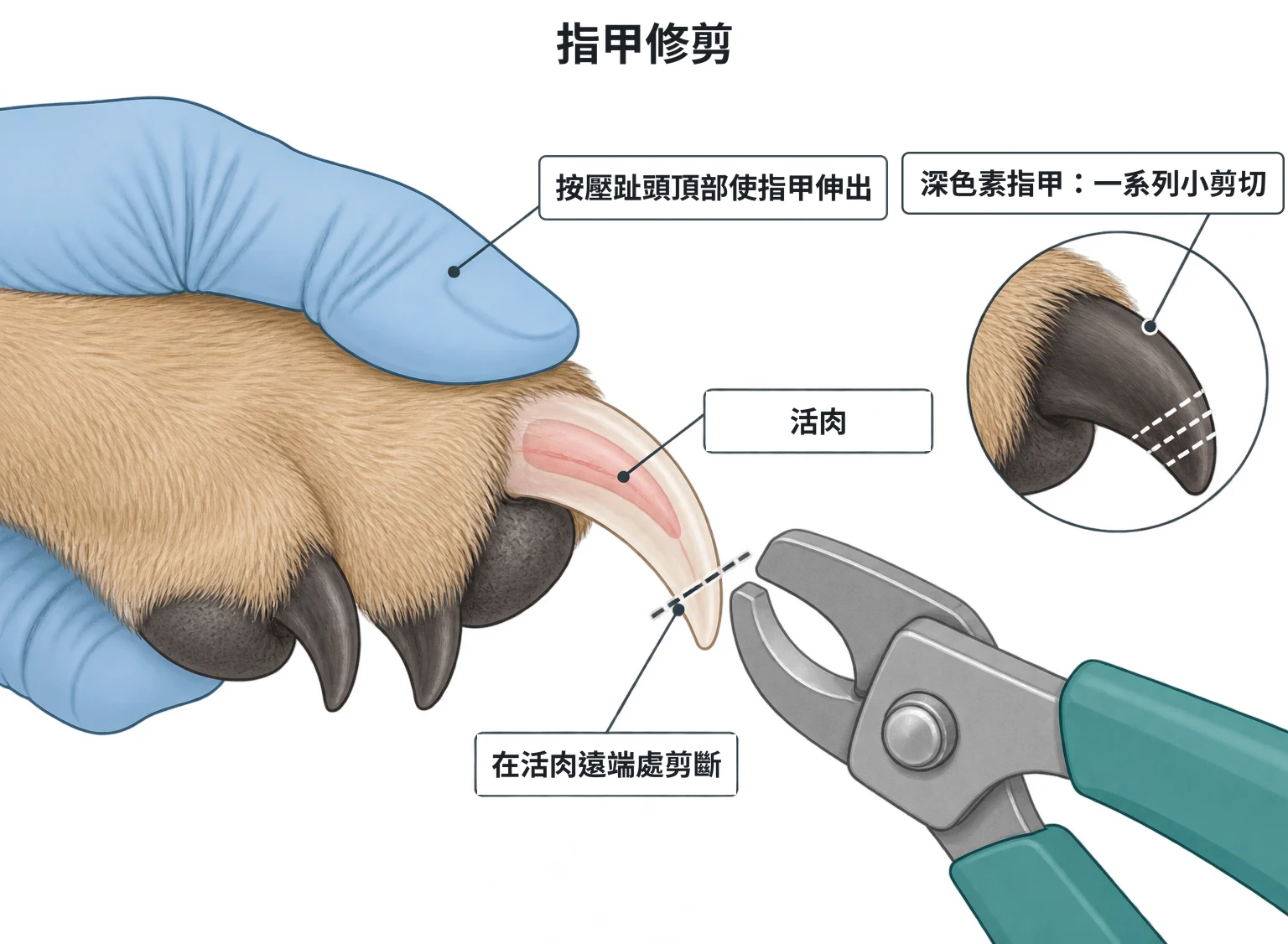 指甲修剪示意圖：戴手套的手按壓趾頭使指甲伸出，指甲內可見粉紅色活肉，剪線位於活肉遠端；小圖為深色指甲以多次小剪切修短