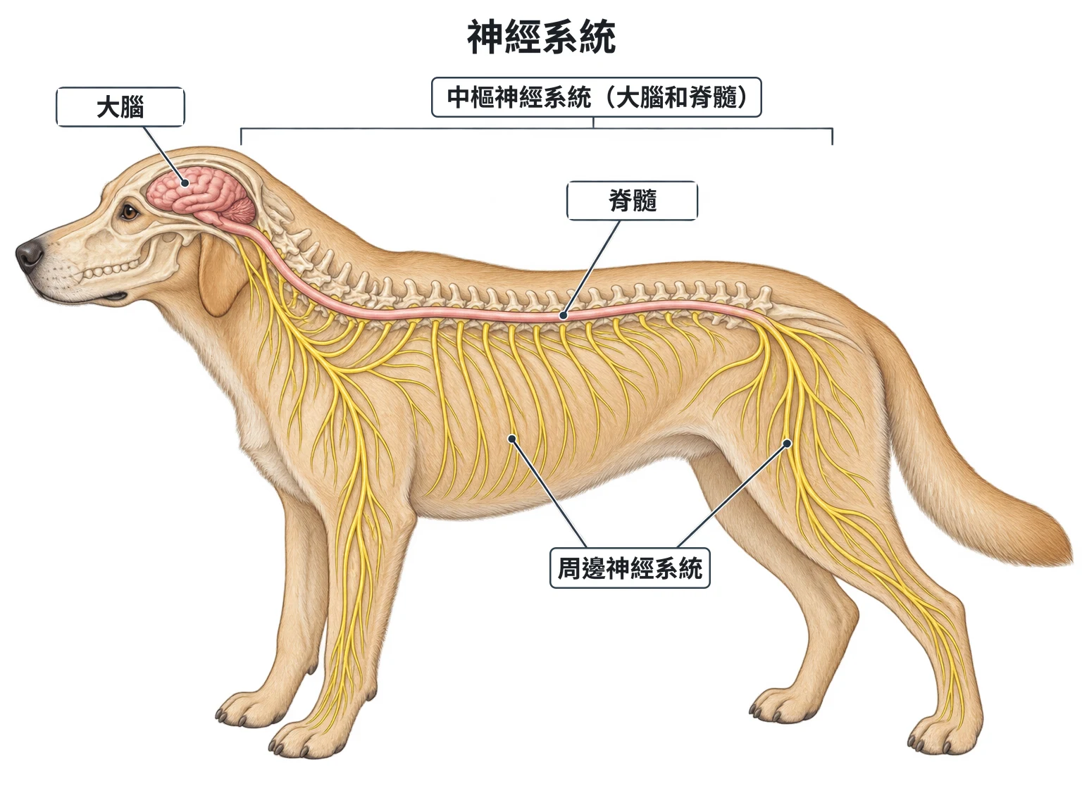神經系統示意圖：犬側面透視，大腦與沿脊椎走的脊髓為中樞神經系統，從脊髓分出到四肢與體壁的神經為周邊神經系統