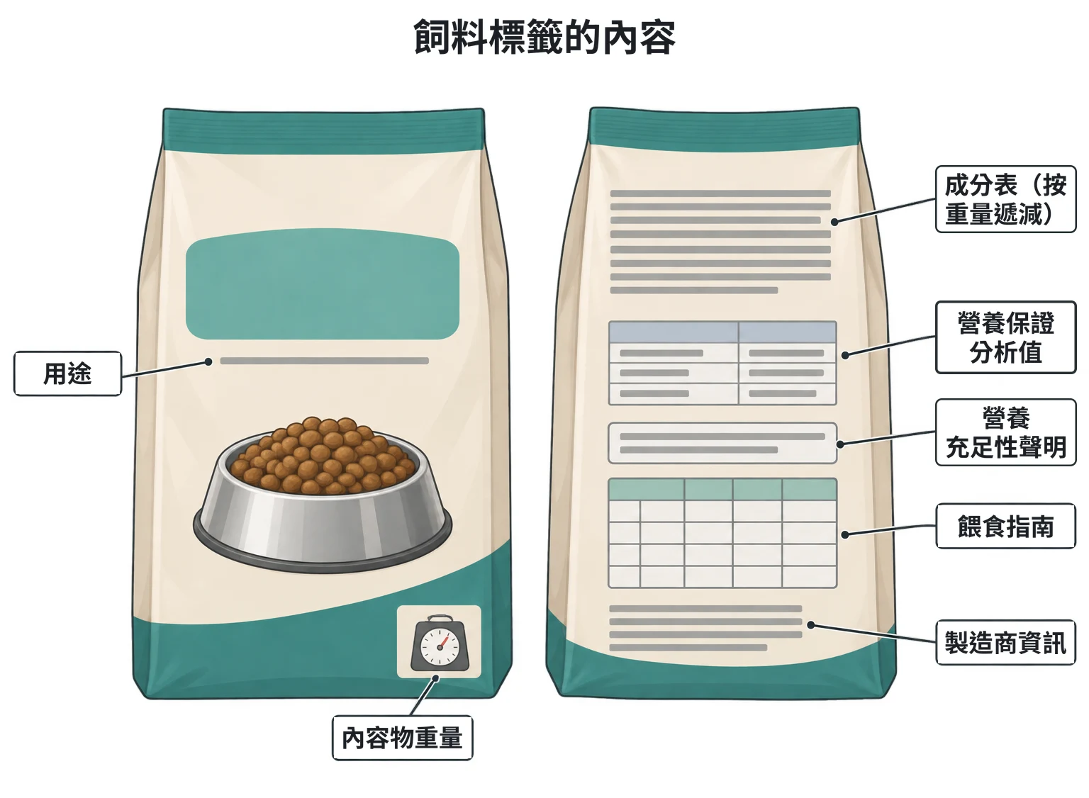 寵物飼料標籤示意圖：一包乾糧的正面與背面，正面有品名區與角落的內容物重量，背面依序是成分表、保證分析小表格、營養充足性聲明框、餵食指南表格與製造商資訊；所有文字都以灰色線條表示