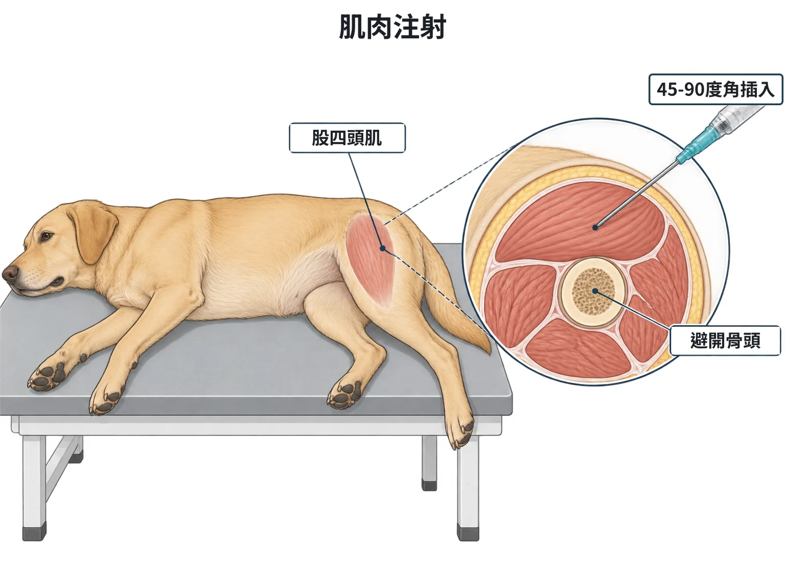 肌肉注射示意圖：患者側臥，沿大腿前緣的股四頭肌標為注射區；放大圖為大腿中段橫切面，股骨是中央的小圓，針頭以較陡角度刺入股骨前方的股四頭肌，針尖停在肌肉中、離骨頭有一段距離