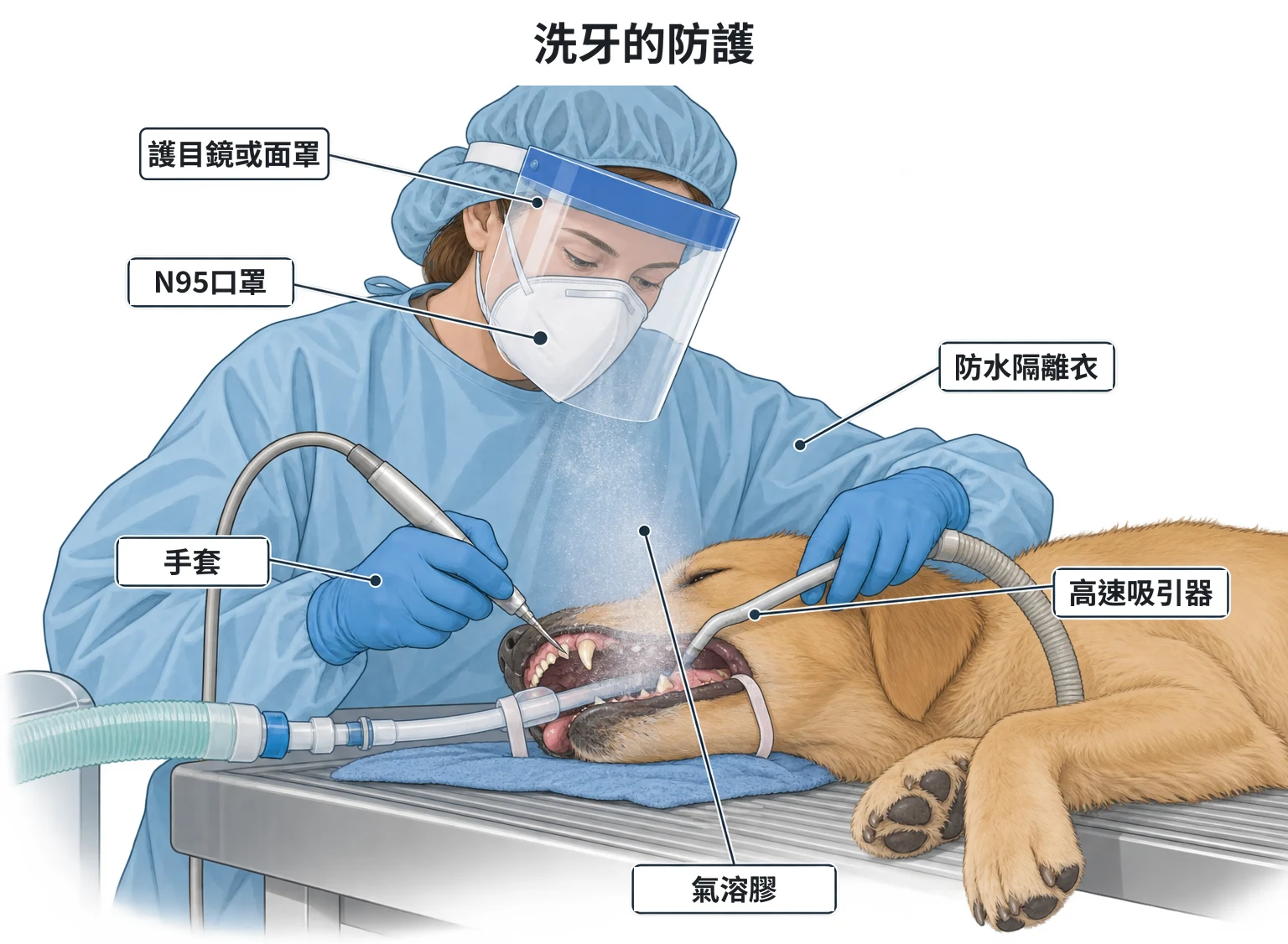 洗牙職業健康示意圖：麻醉插管側躺的犬在牙科台上，工作人員戴 N95 口罩、面罩、手套、穿防水隔離衣操作超音波洗牙機，口腔冒出淡淡霧氣，吸引器管口靠在嘴邊吸走部分霧氣