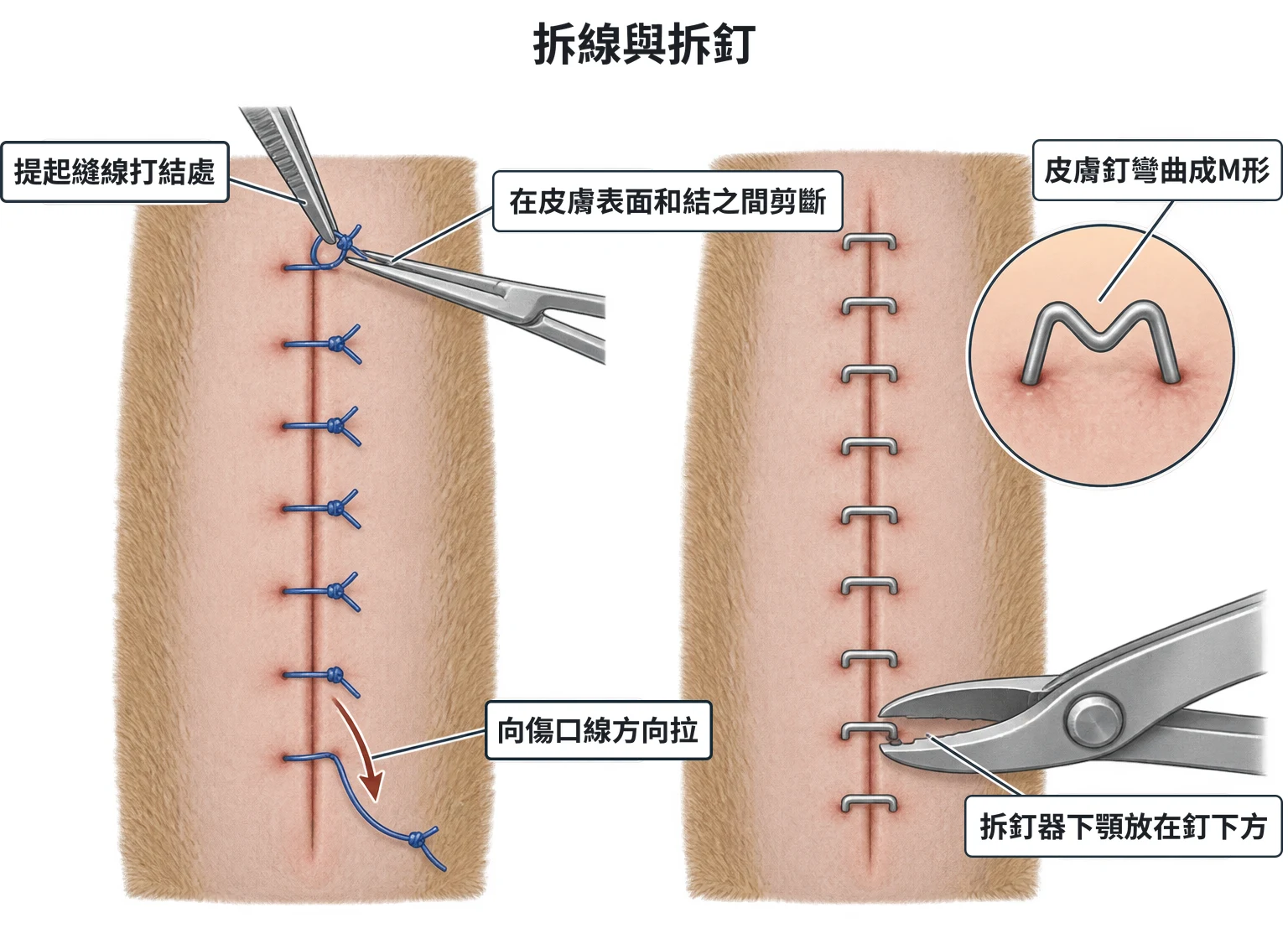 拆線與拆釘示意圖：左為單純間斷縫合的傷口，鑷子提起線結，小剪刀在皮膚表面與結之間剪斷一股，箭頭順著傷口線方向拉出；右為皮膚釘縫合的傷口，拆釘器下顎伸到釘下方，小圖為釘子被壓成 M 形退出皮膚