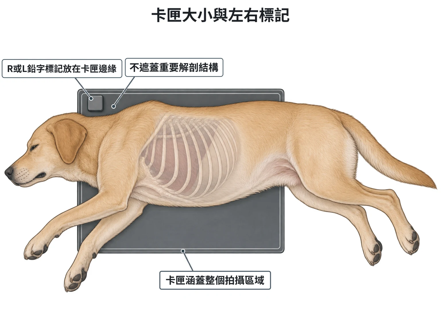 卡匣選擇與左右標記示意圖：俯視 X 光台，側臥的犬胸部位於矩形卡匣中央，卡匣涵蓋整個胸腔；卡匣角落的邊緣放著一個小鉛字標記塊，沒有壓到任何身體構造