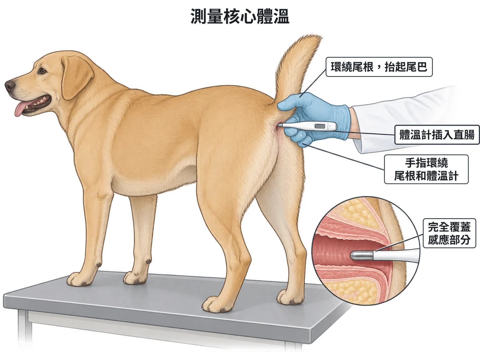 測量核心體溫示意圖：同一隻戴手套的手握住尾根抬起尾巴，手指同時夾住插入直腸的體溫計；小剖面圖顯示感應部分完全在直腸內