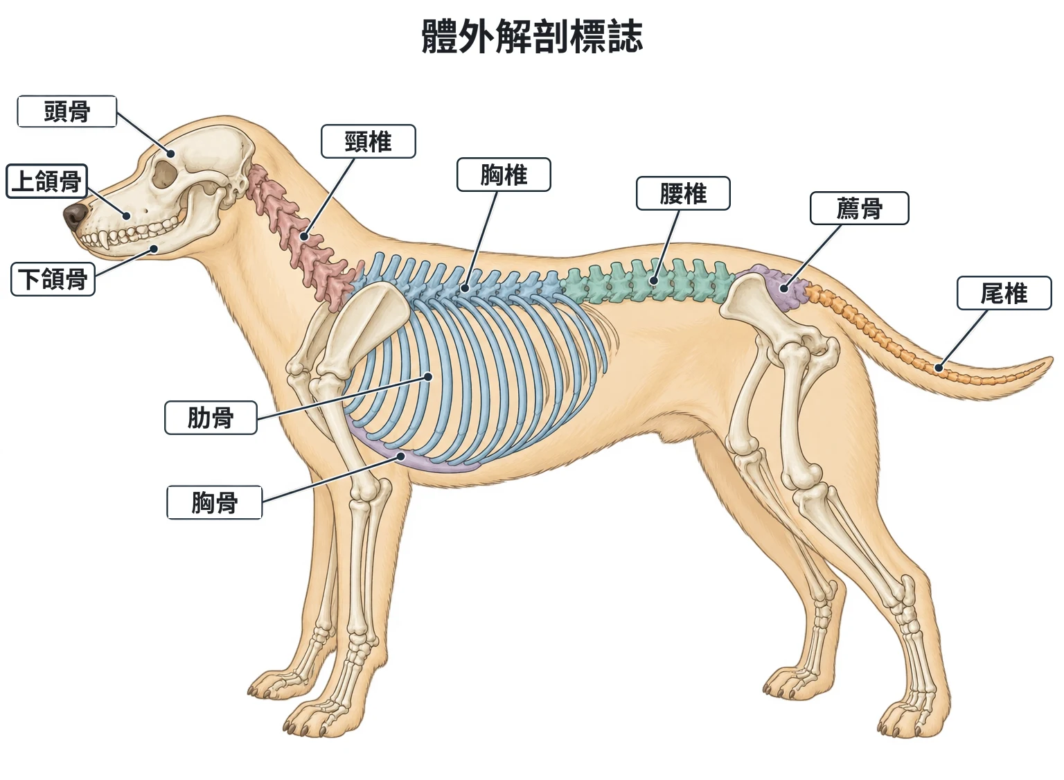 體外解剖標誌示意圖：犬側面骨骼，標示頭骨、上頜骨、下頜骨、頸椎、胸椎、腰椎、薦骨、尾椎、肋骨與胸骨