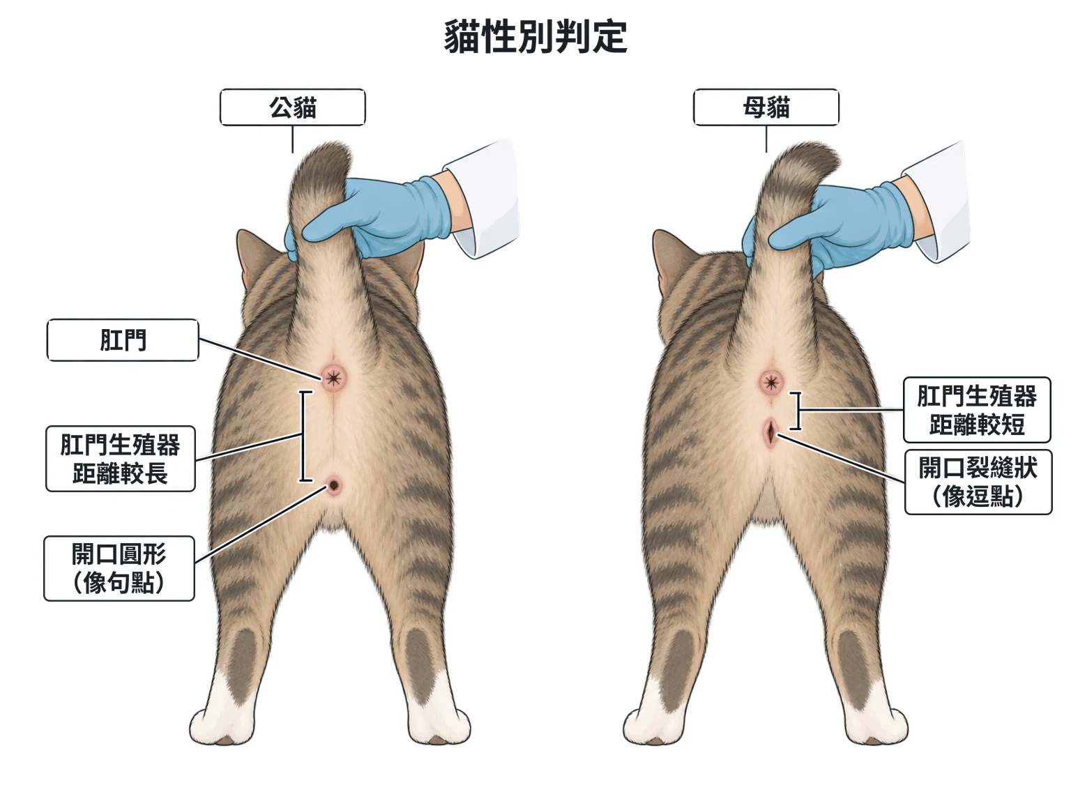 貓性別判定示意圖：左為已結紮公貓，生殖器開口圓形像句點、肛門生殖器距離較長；右為母貓，開口裂縫狀像逗點、距離較短