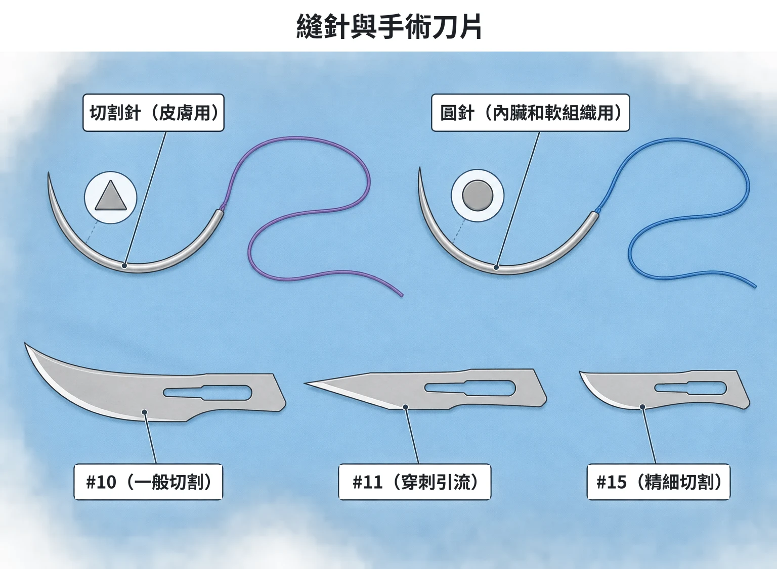 縫針與手術刀片示意圖：上排兩支彎針，左為橫切面呈三角形的切割針（皮膚用），右為橫切面呈圓形的圓針（內臟和軟組織用）；下排三片刀片：刀刃長而彎的 #10、直刃尖頭的 #11、小而彎的 #15
